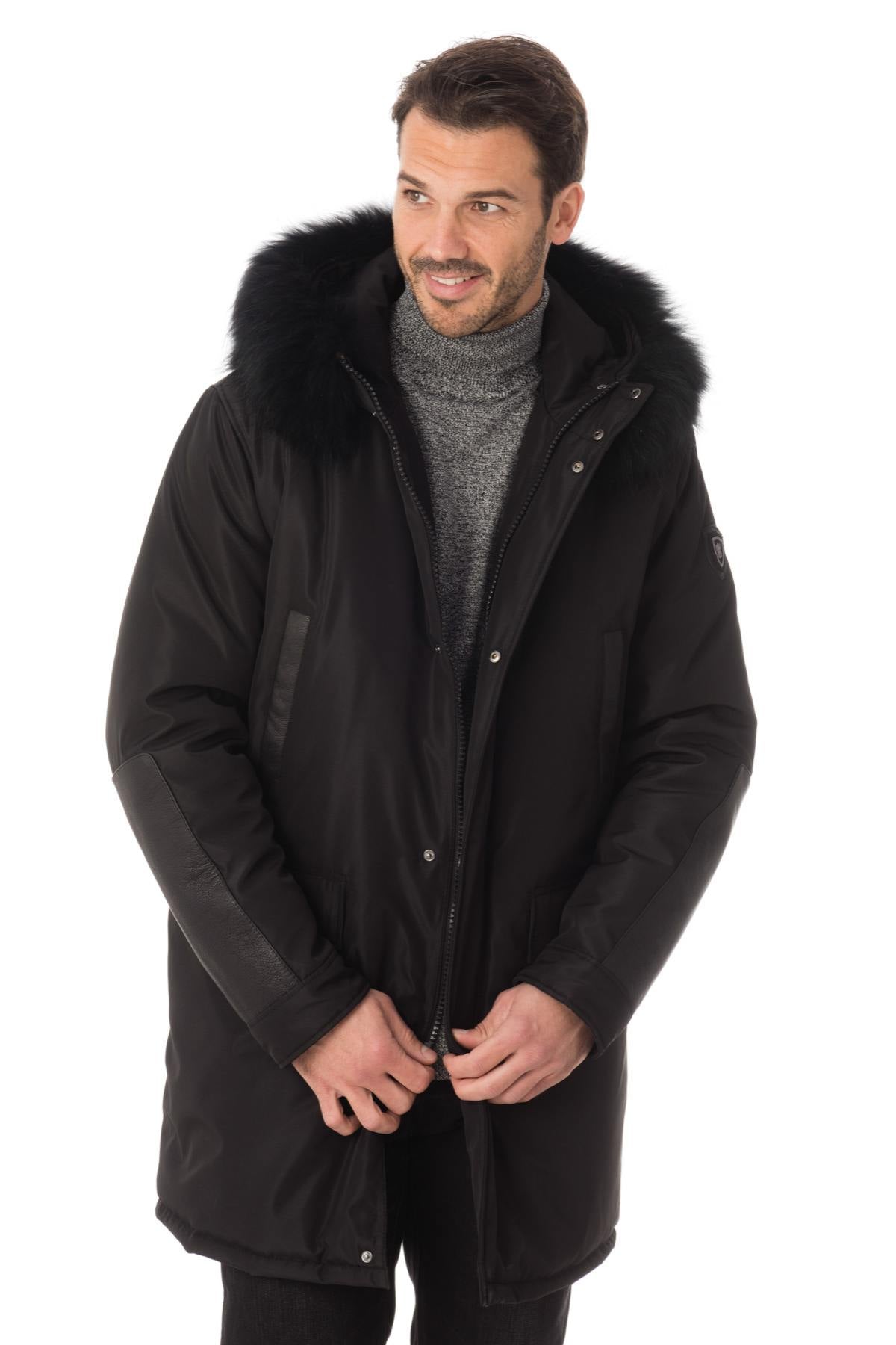 Men's coat in polyester and black leather - Image n°3