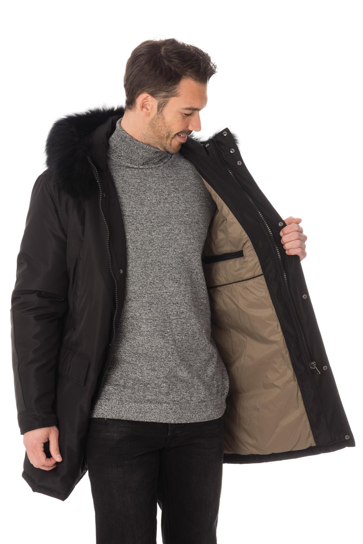 Men's coat in polyester and black leather - Image n°4