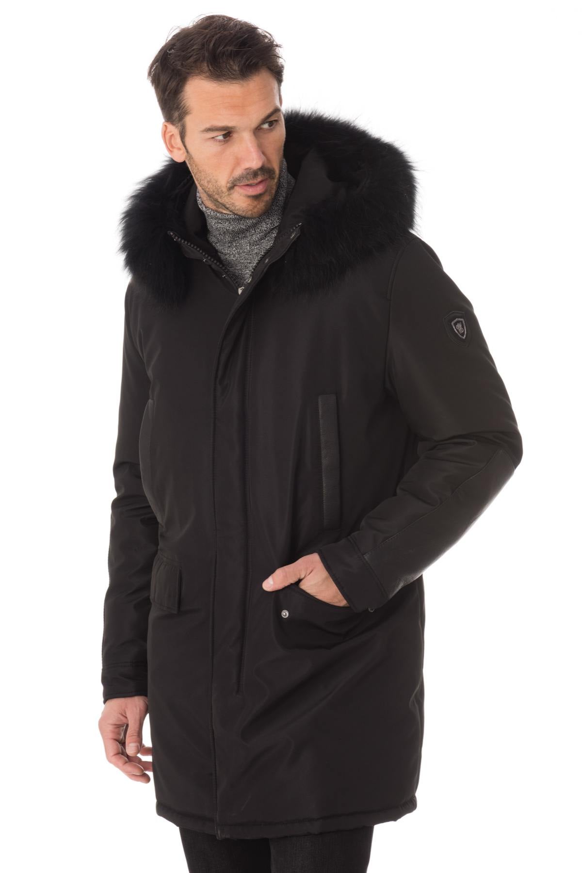 Men's coat in polyester and black leather - Image n°1