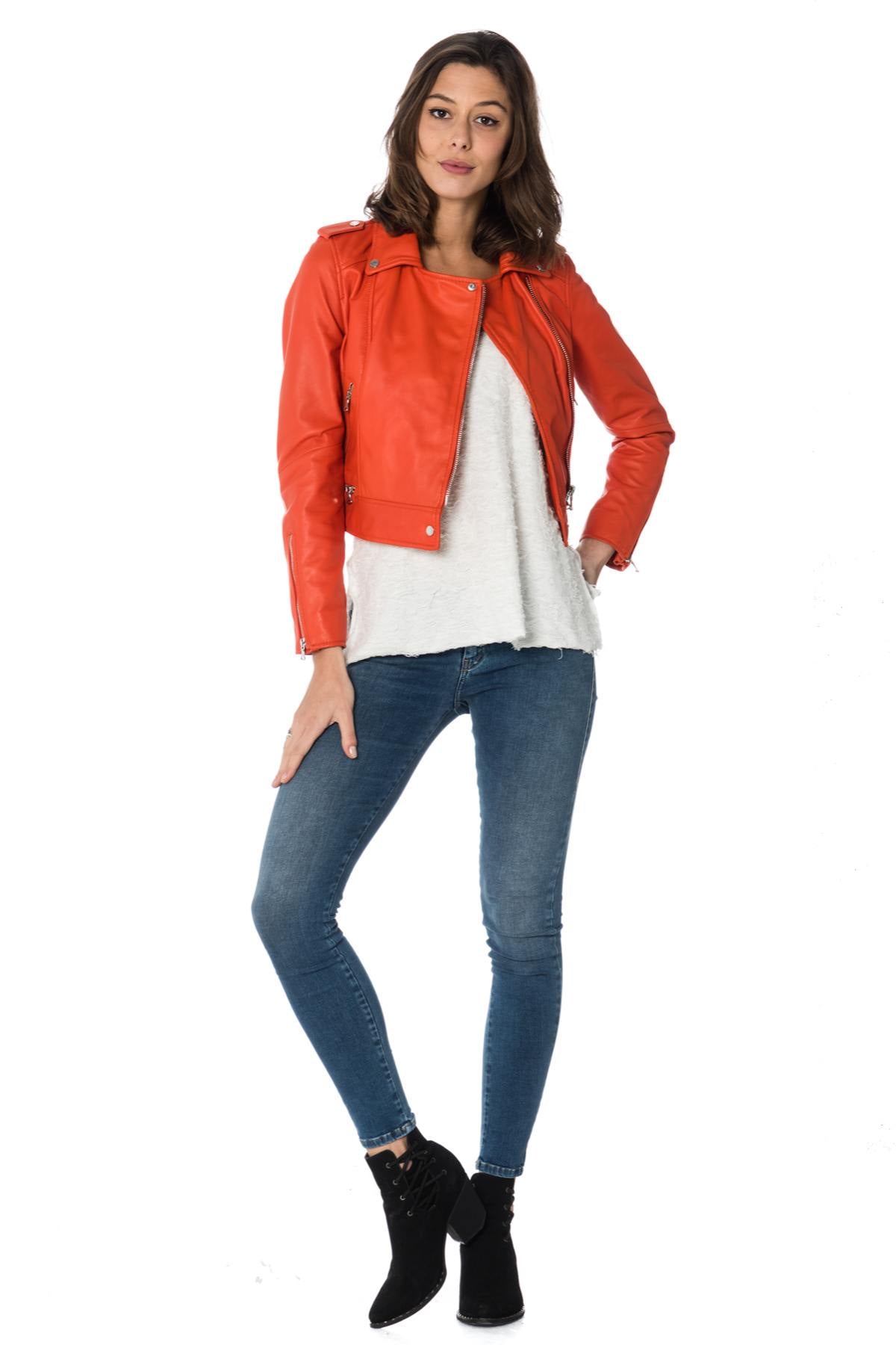 Women's orange leather perfecto - Image n°2