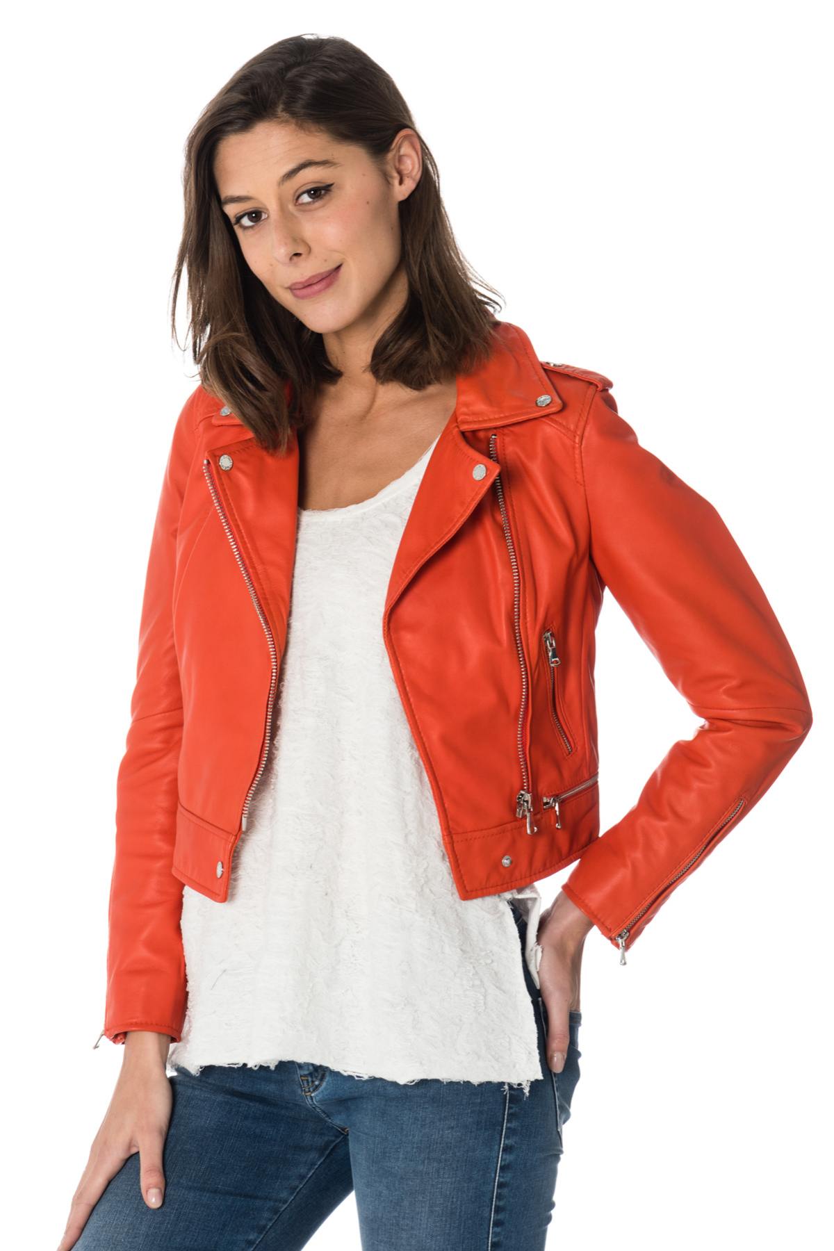 Women's orange leather perfecto - Image n°1