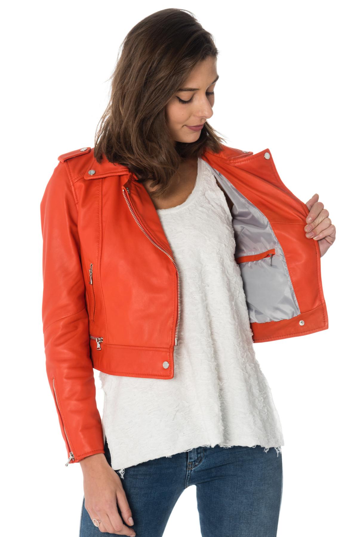 Women's orange leather perfecto - Image n°3