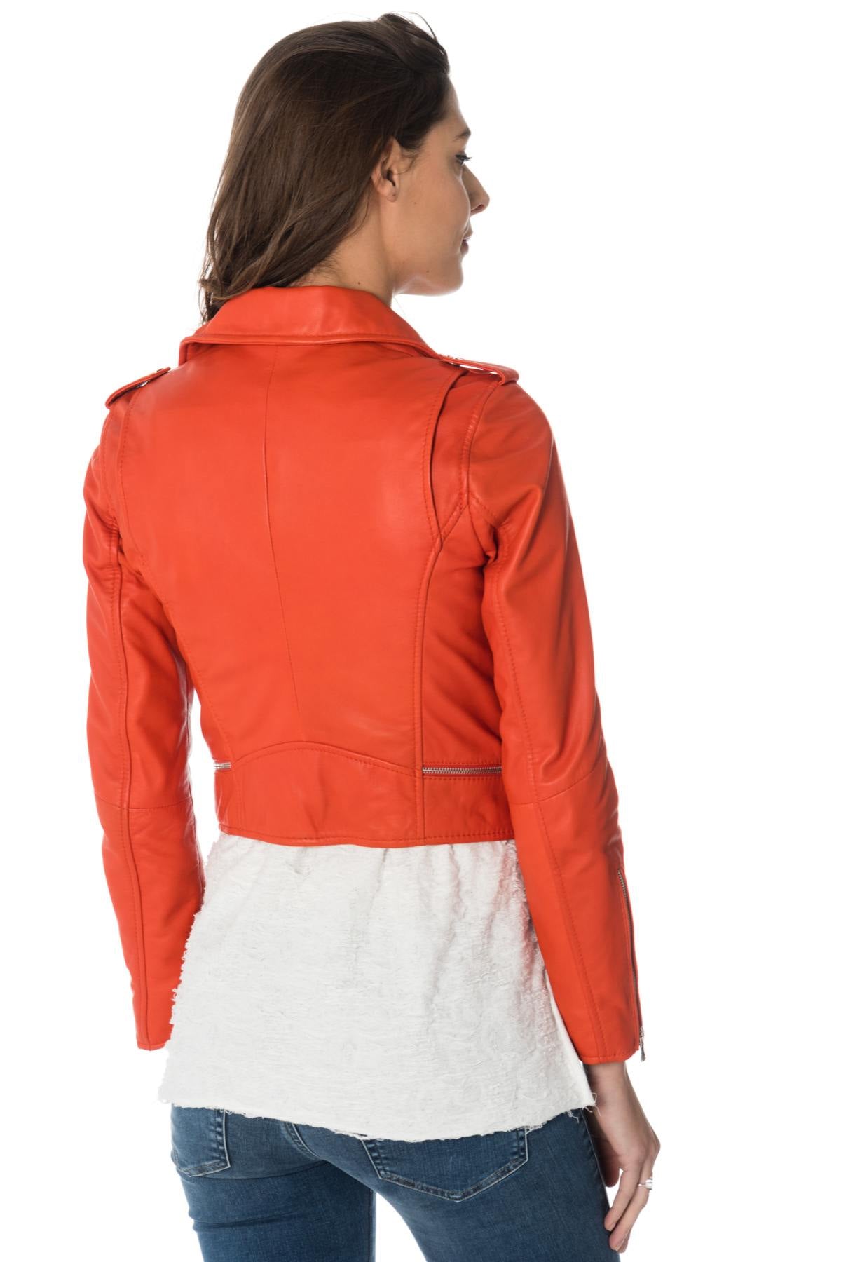 Women's orange leather perfecto - Image n°5