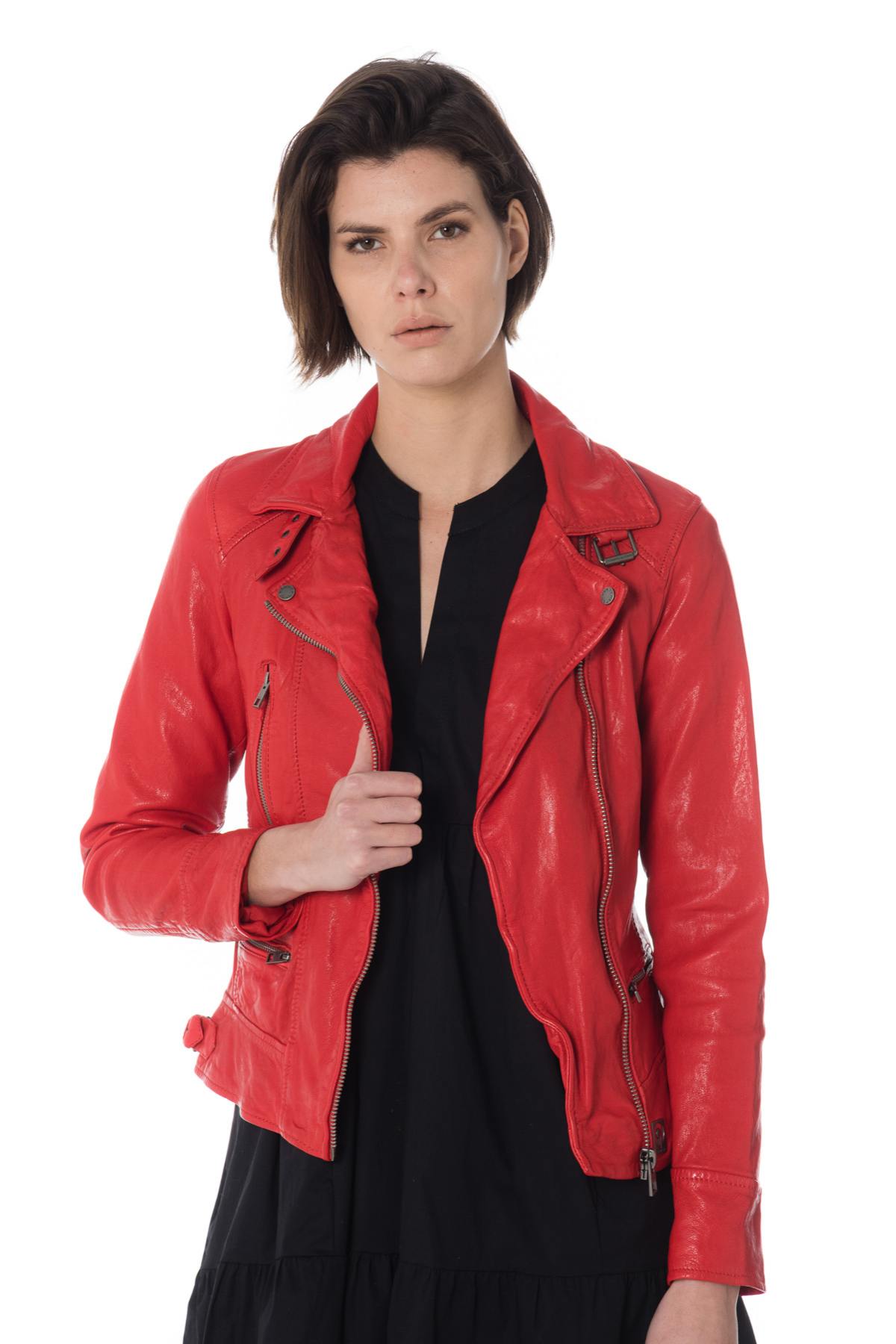 Red leather perfecto for women - Image n°1