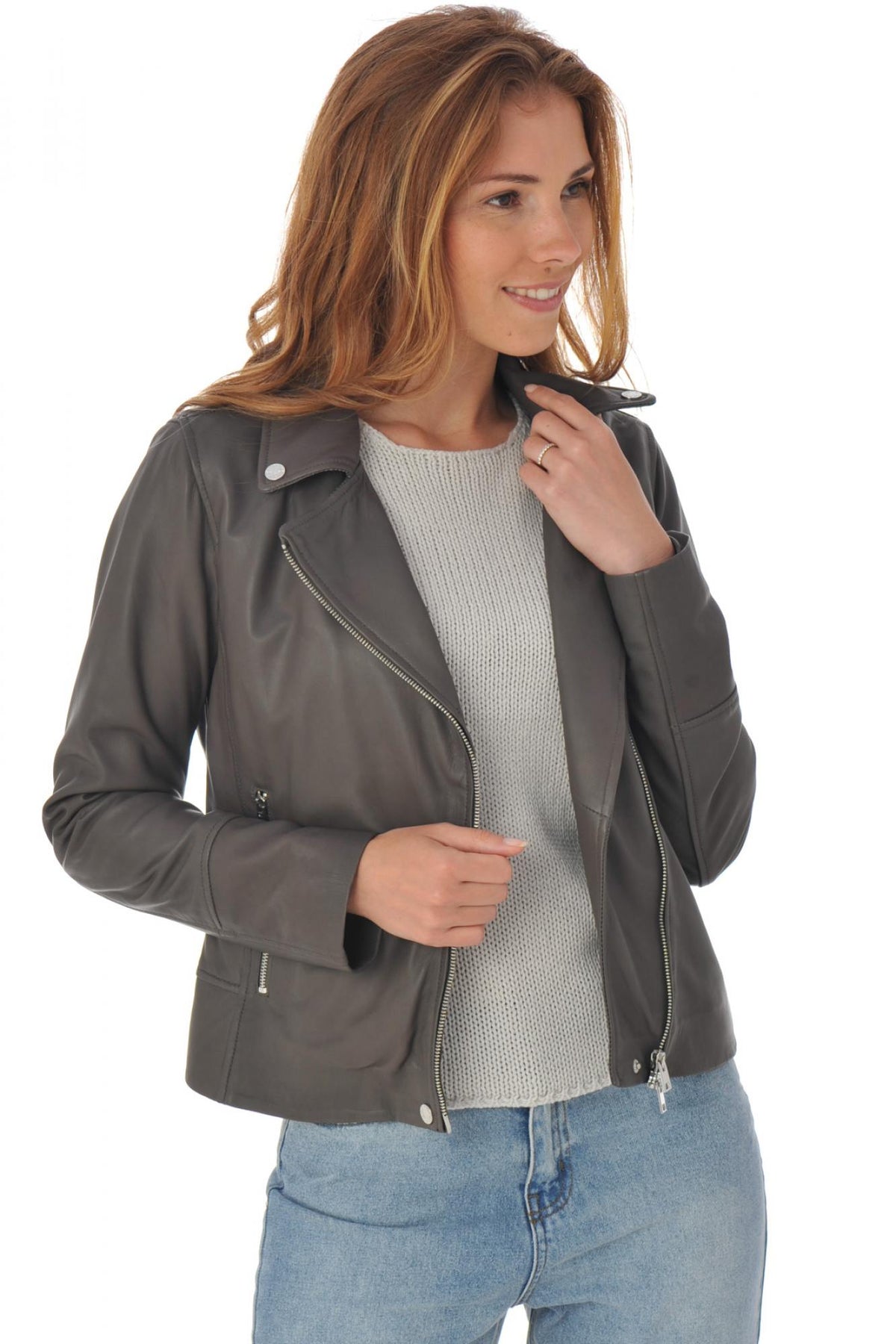  Women's gray sheepskin leather perfecto - Image n°4