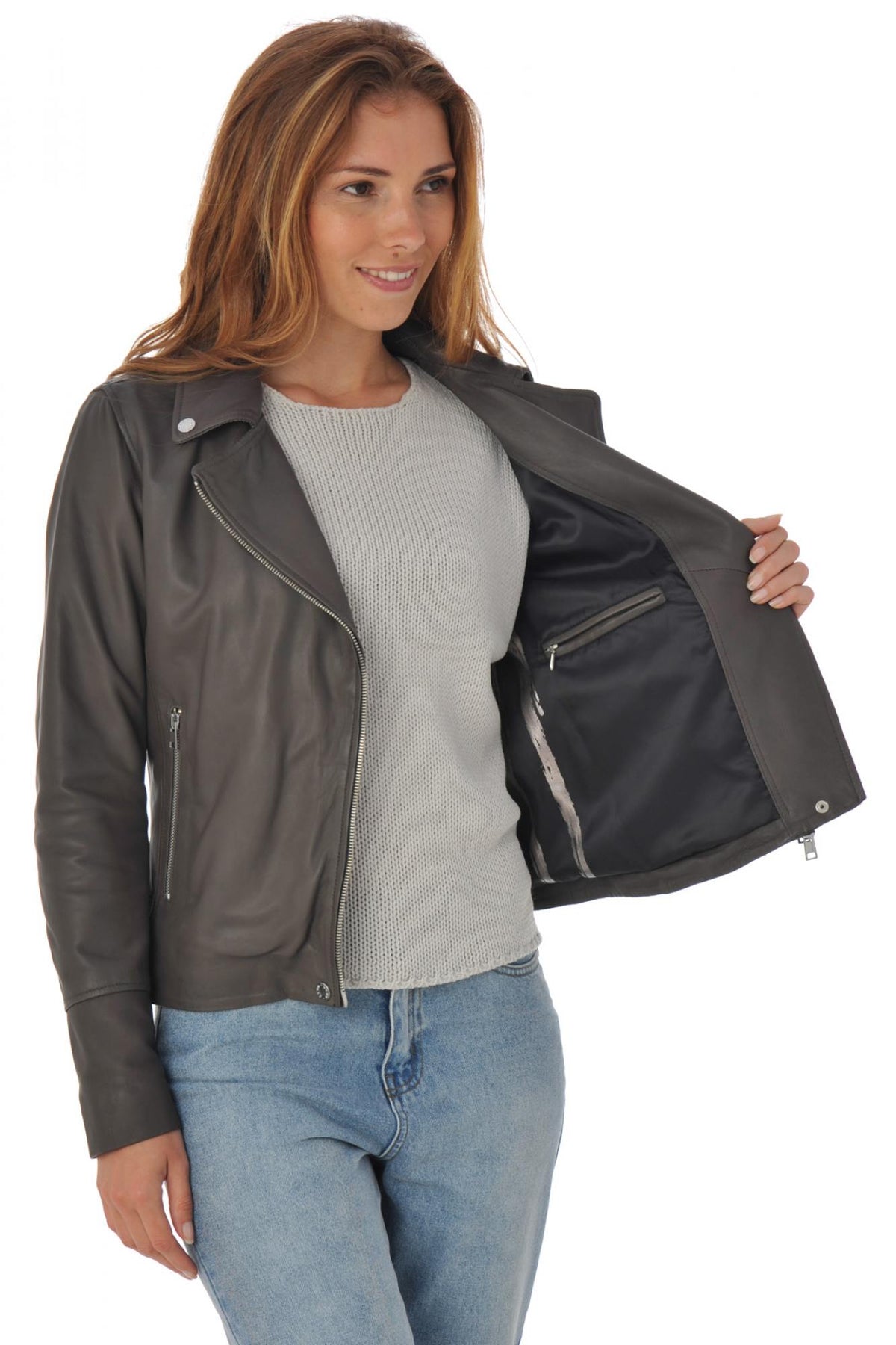  Women's gray sheepskin leather perfecto - Image n°5