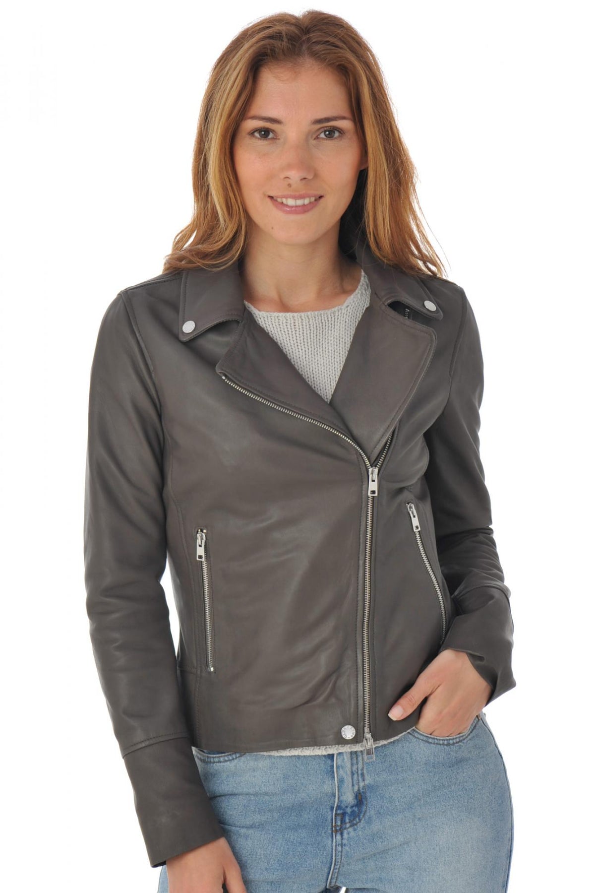  Women's gray sheepskin leather perfecto - Image n°3