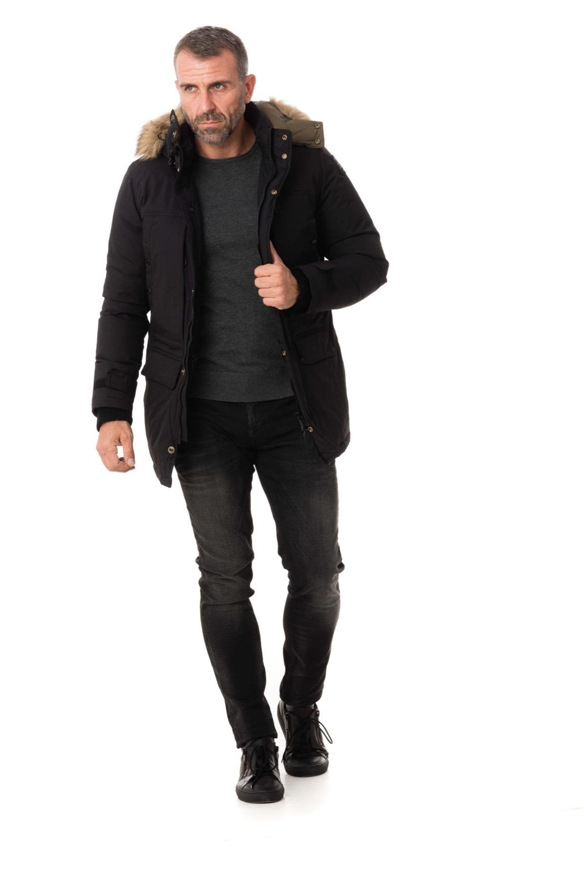 Men's black nylon parka with acrylic fur - Image n°2