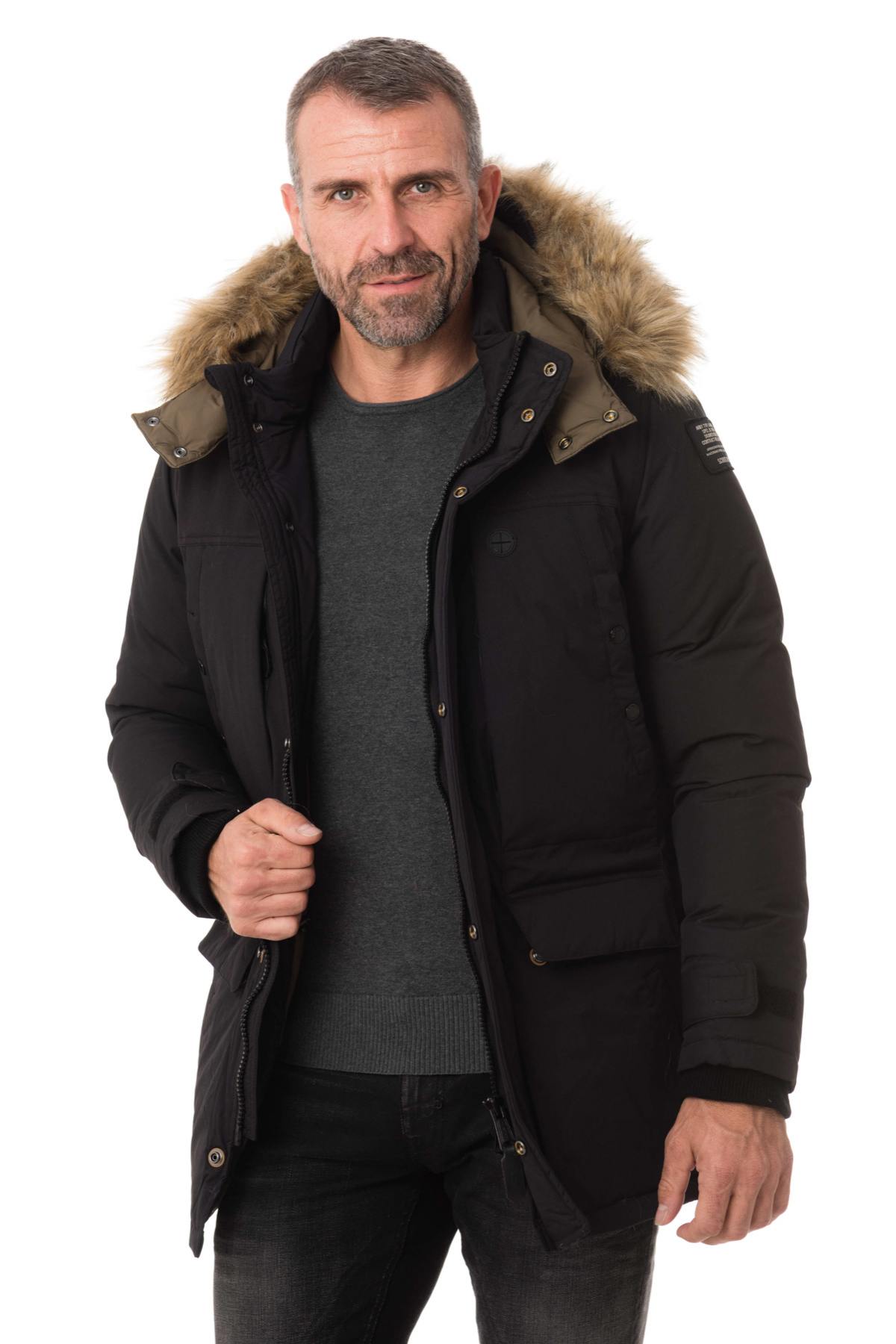 Men's black nylon parka with acrylic fur - Image n°4