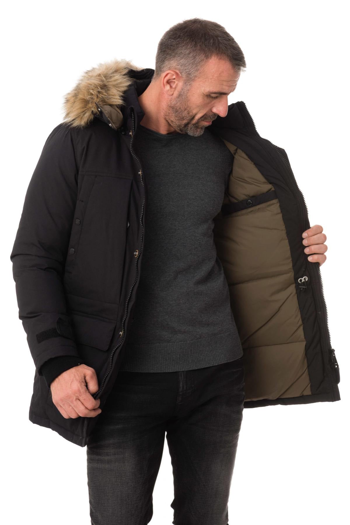 Men's black nylon parka with acrylic fur - Image n°6