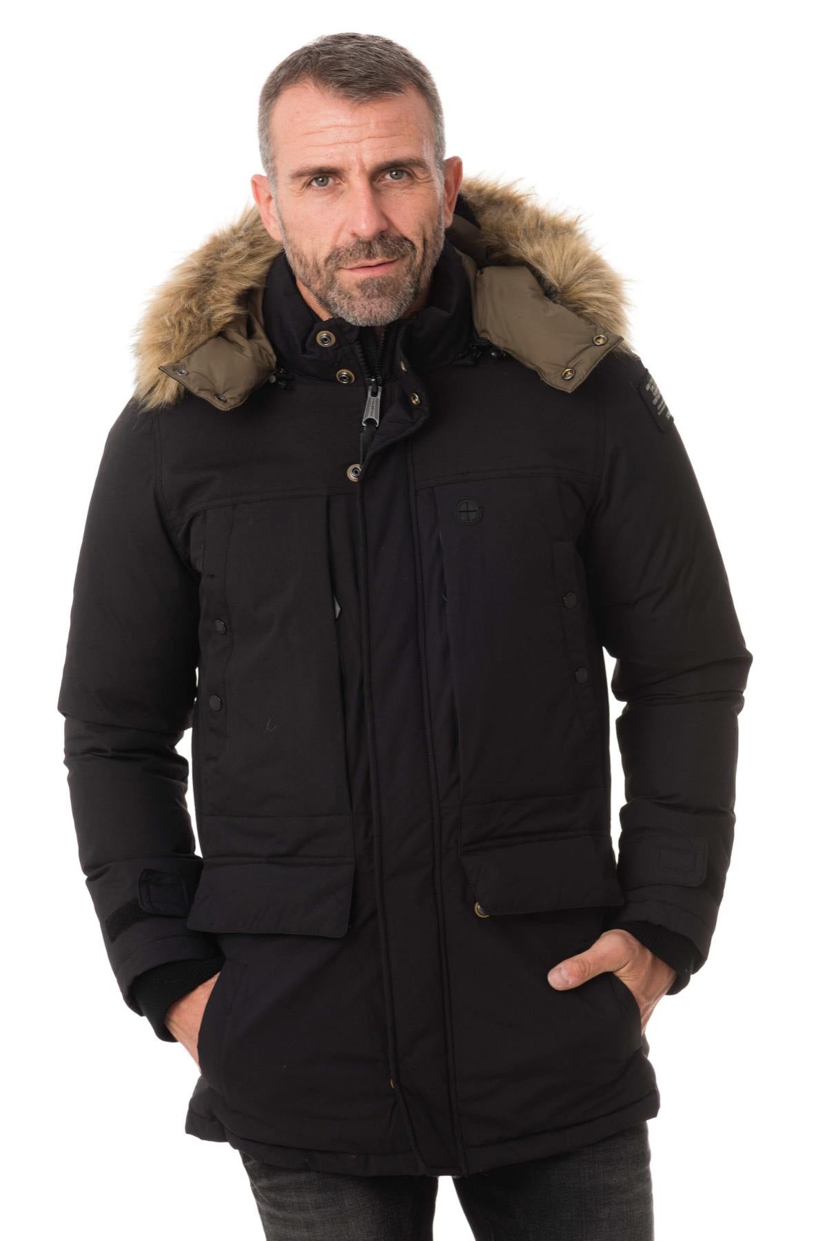 Men's black nylon parka with acrylic fur - Image n°1