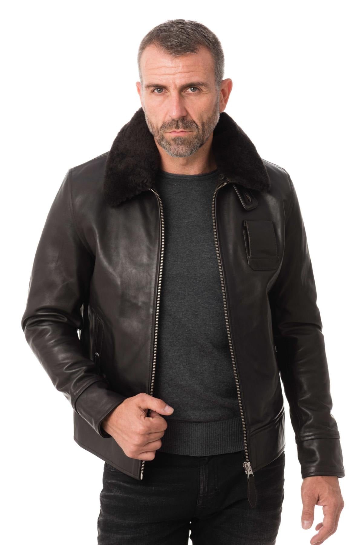 Cowhide leather jacket with fur collar - Image n°1