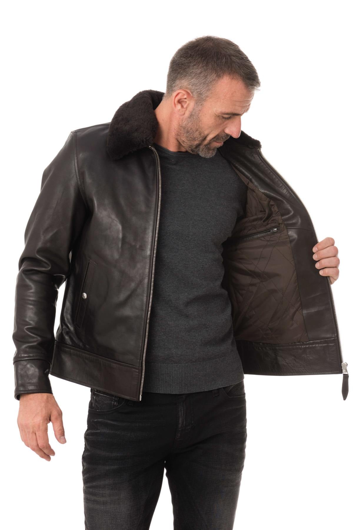 Cowhide leather jacket with fur collar - Image n°4