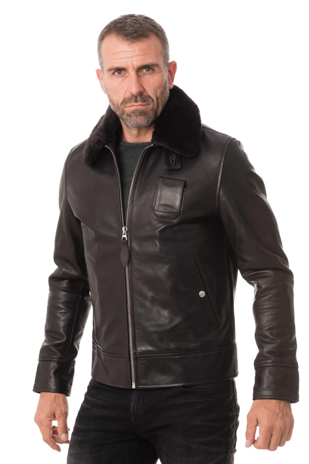 Cowhide leather jacket with fur collar - Image n°3