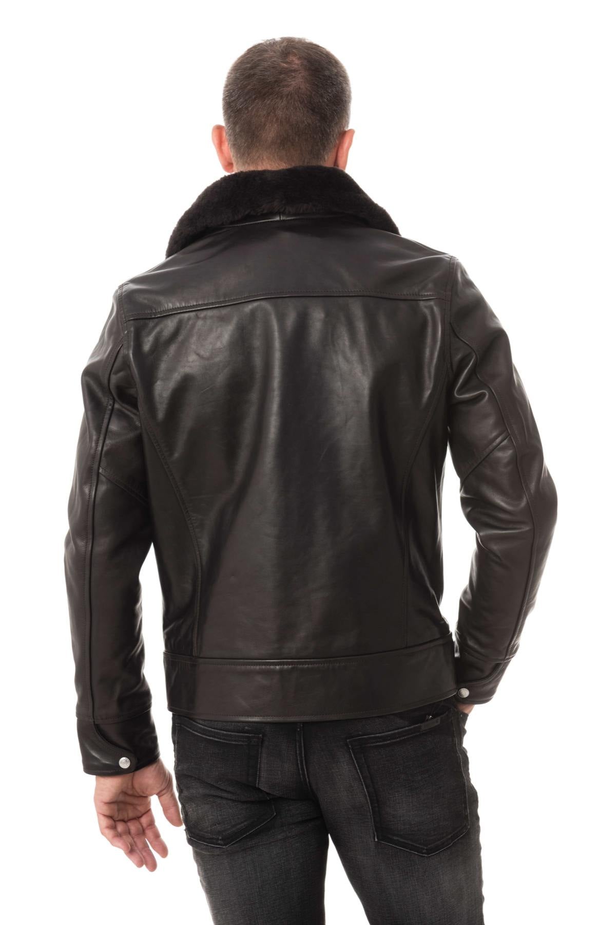 Cowhide leather jacket with fur collar - Image n°5