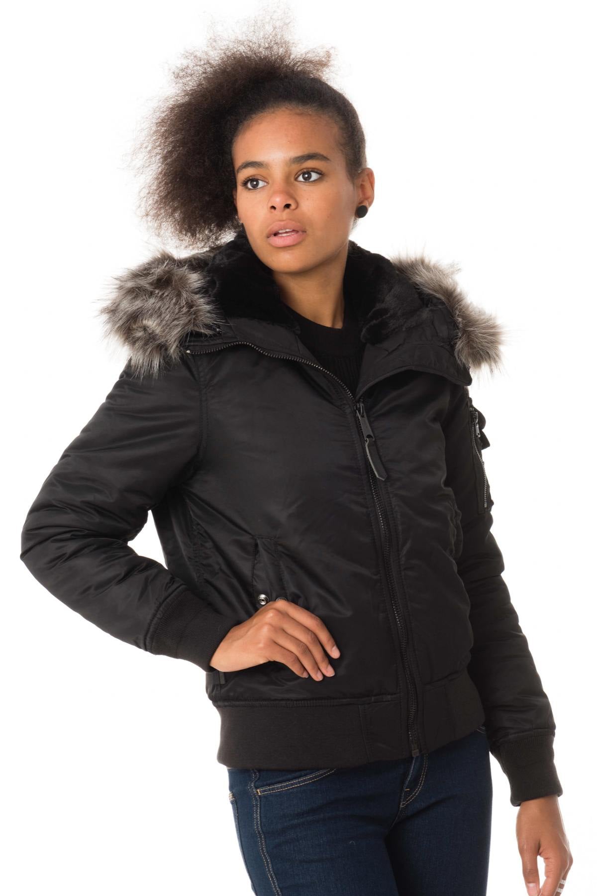 Women's black nylon hooded bomber jacket - Image n°4