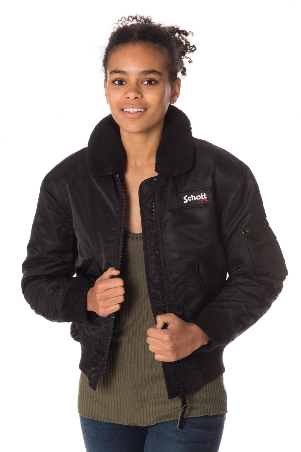 Schott women's black bomber jacket with removable fur collar - Image n°3