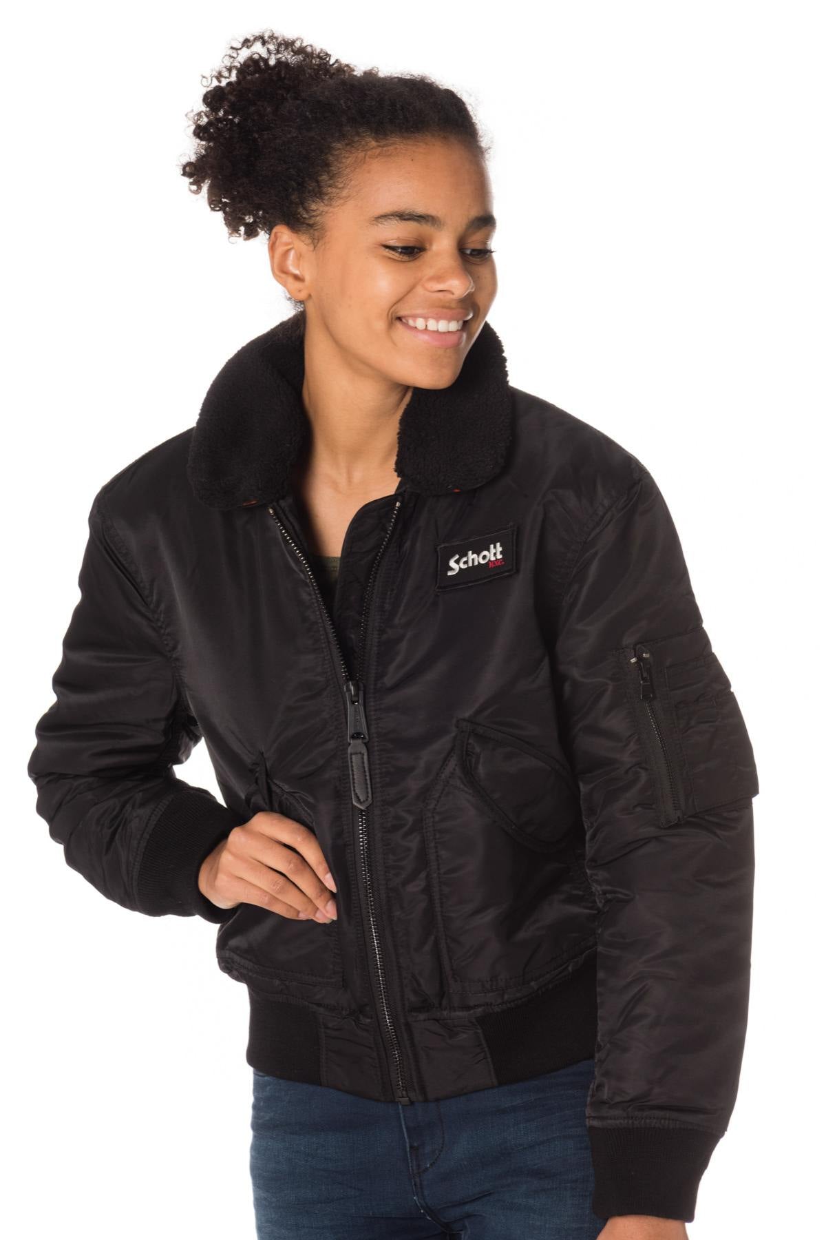 Schott women's black bomber jacket with removable fur collar - Image n°1