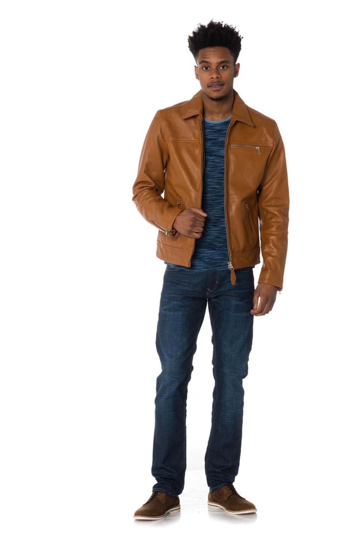 Schott men's leather jacket in cognac color - Image n°2