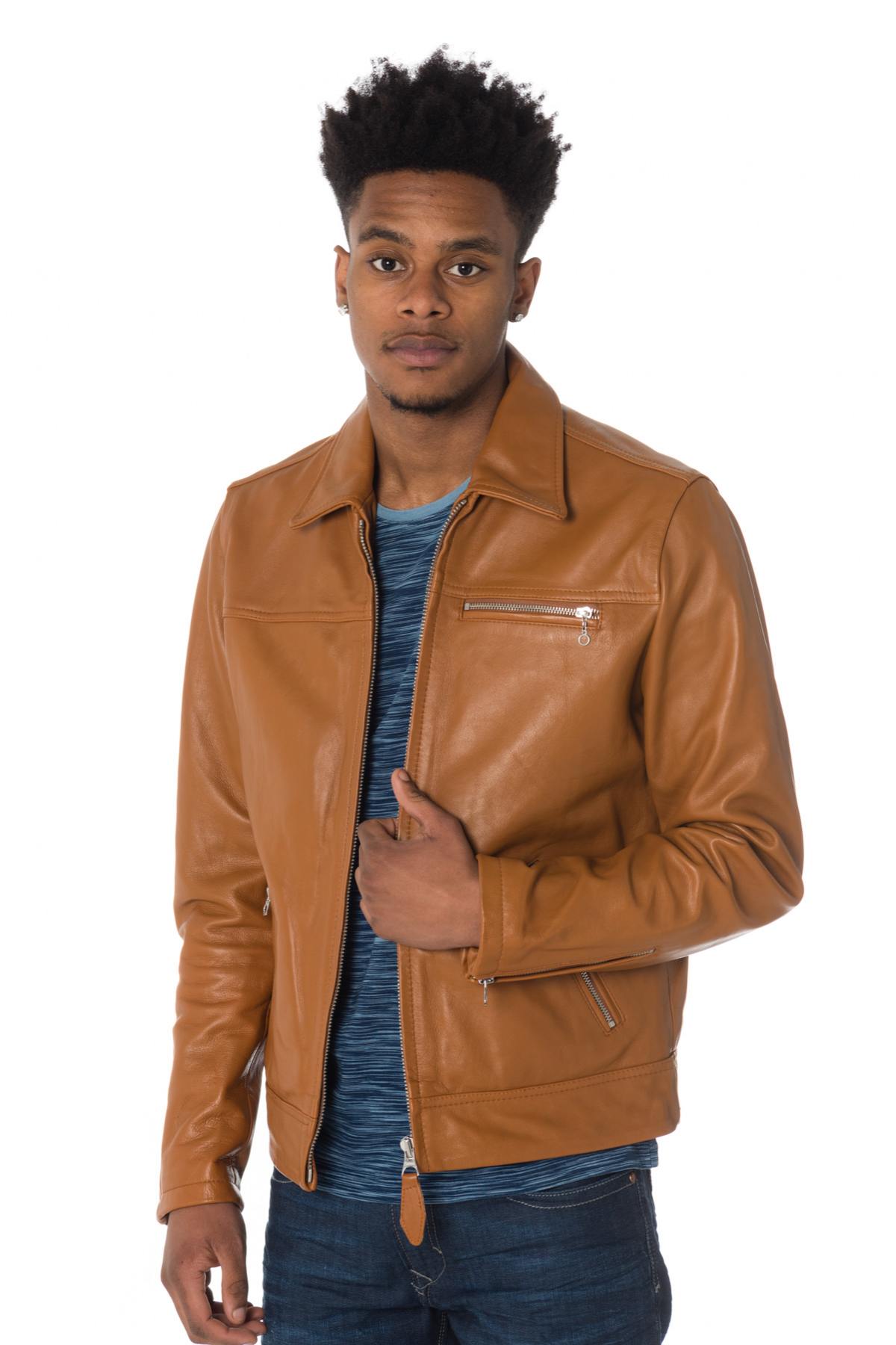 Schott men's leather jacket in cognac color - Image n°1