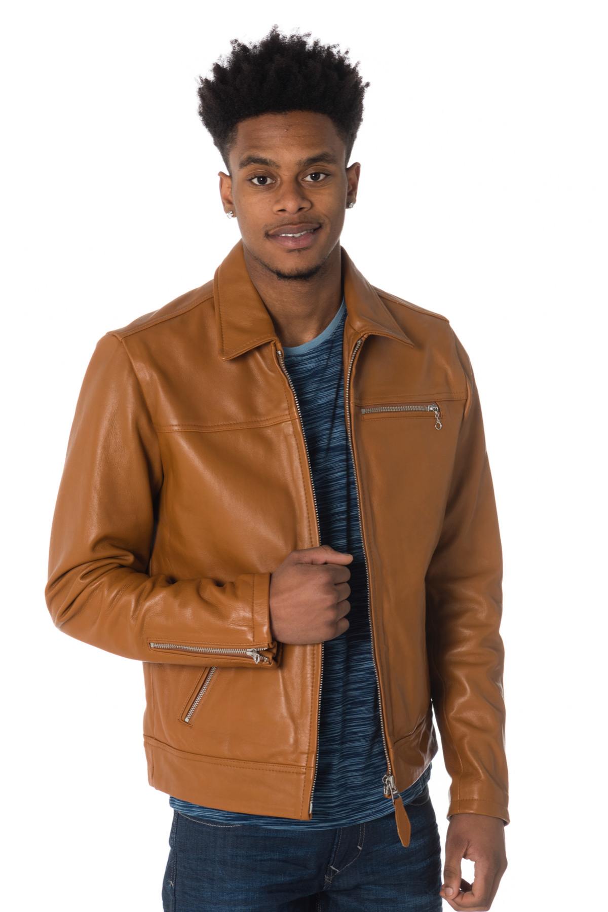 Schott men's leather jacket in cognac color - Image n°3