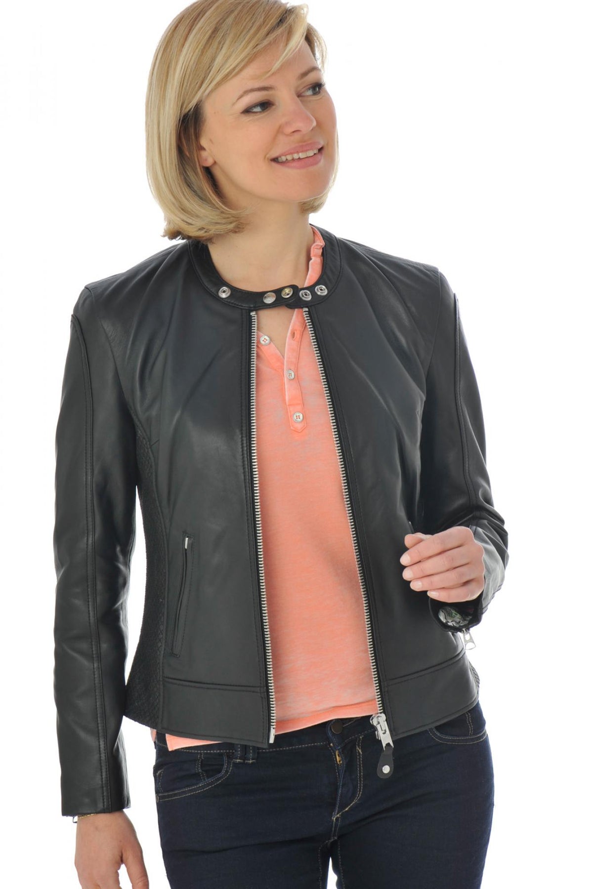 Schott women's black leather biker jacket - Image n°1