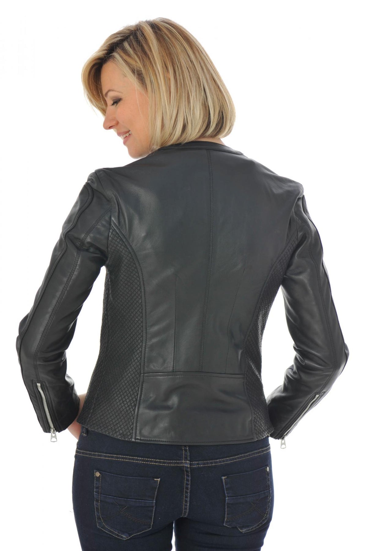 Schott women's black leather biker jacket - Image n°5