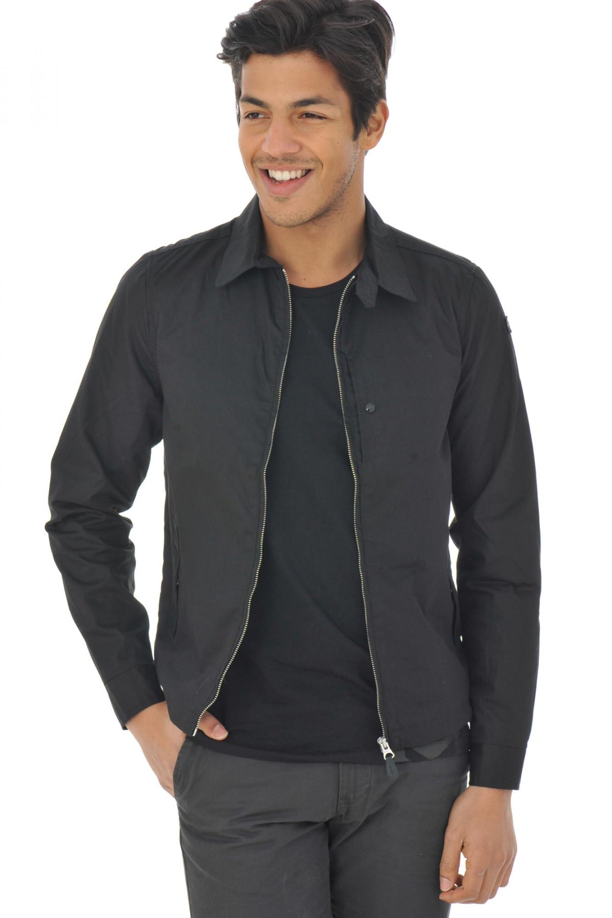 Schott black textile jacket with shirt collar - Image n°1