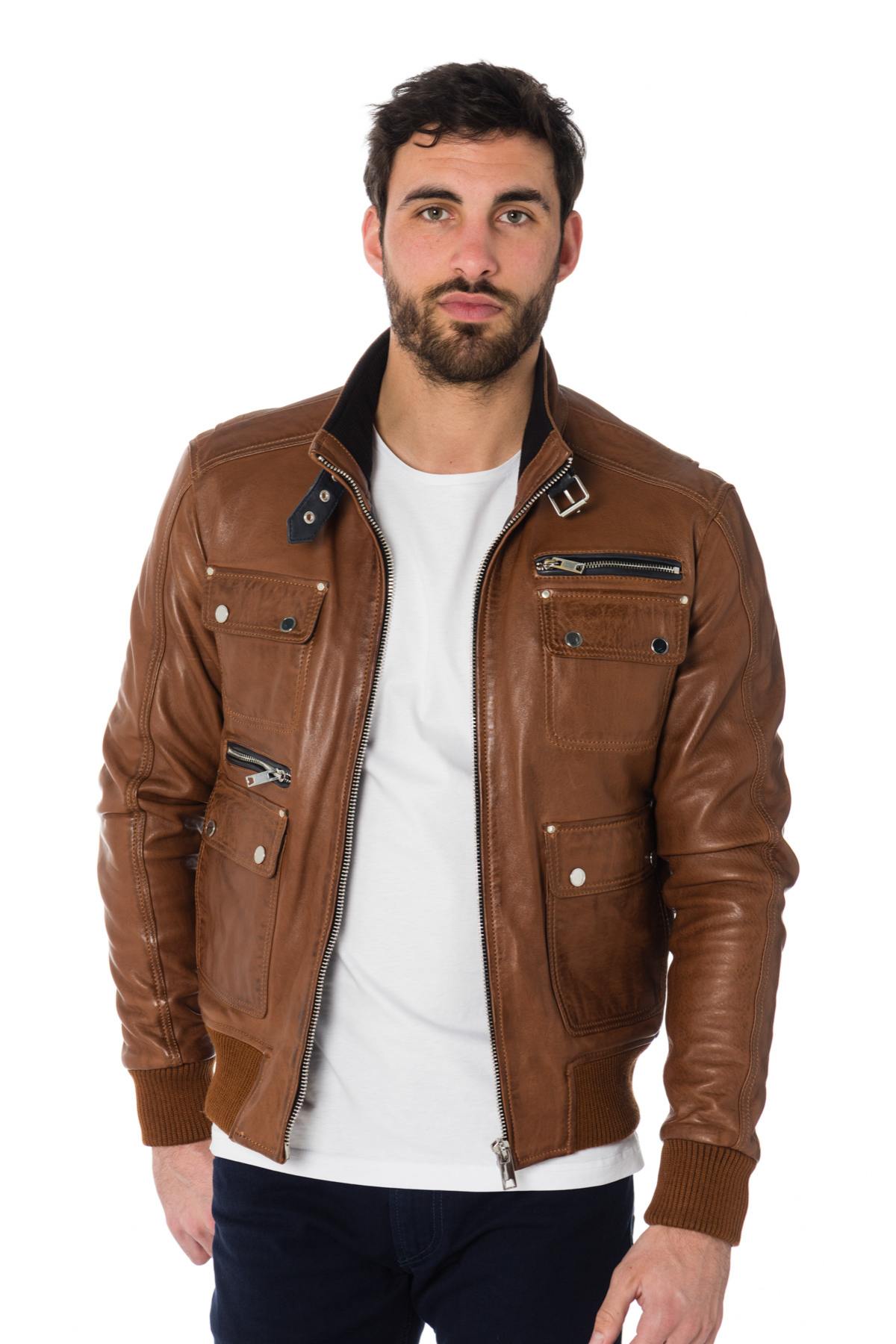 Cognac and black lambskin leather jacket - Image n°1