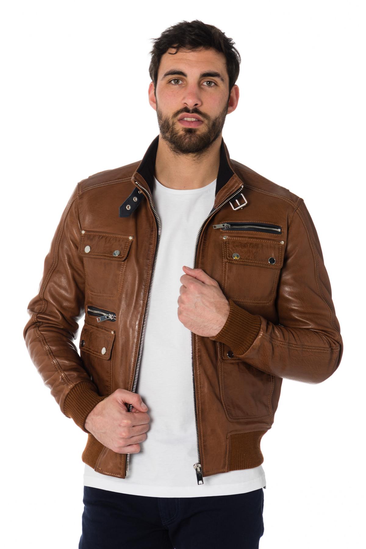 Cognac and black lambskin leather jacket - Image n°4