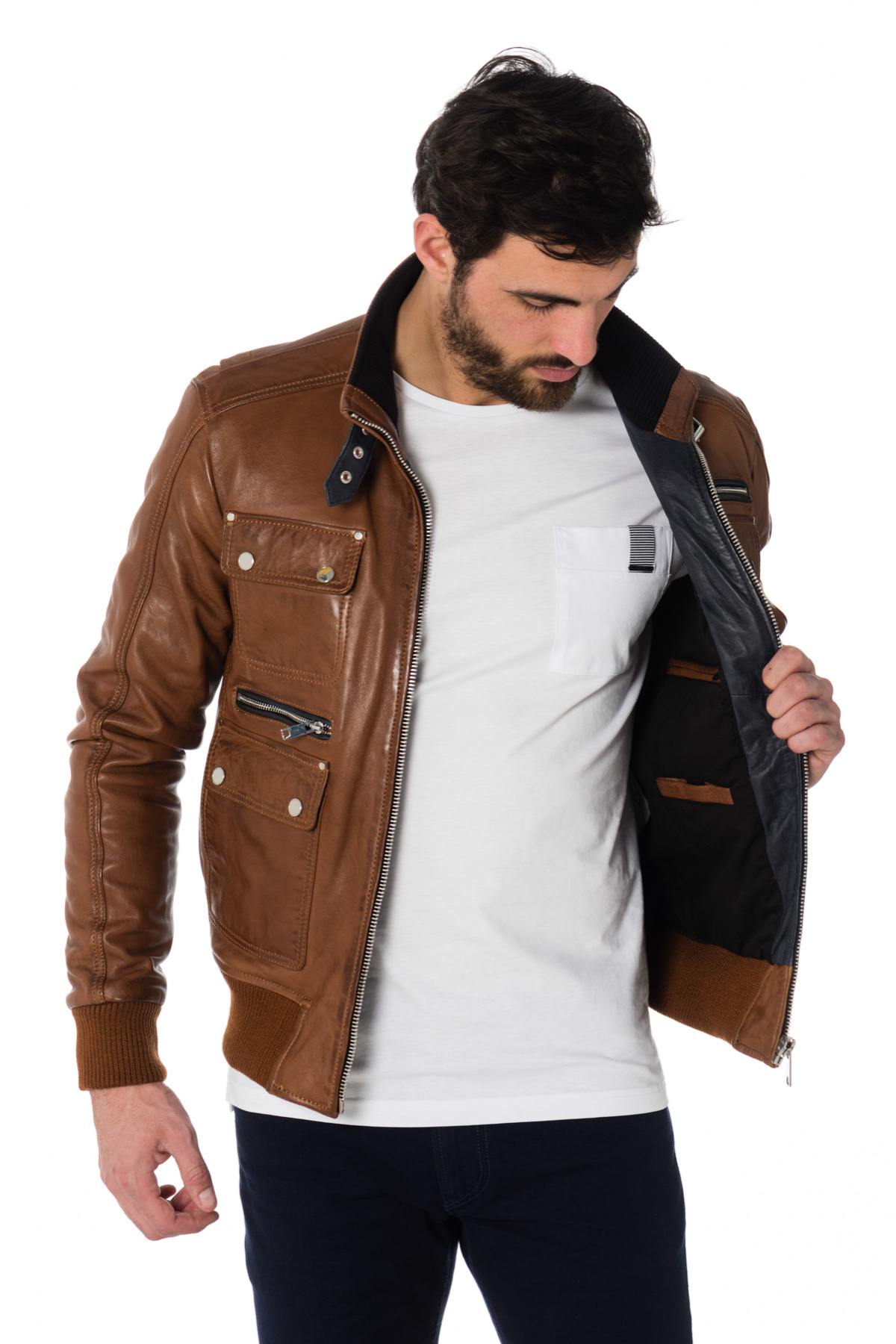 Cognac and black lambskin leather jacket - Image n°5