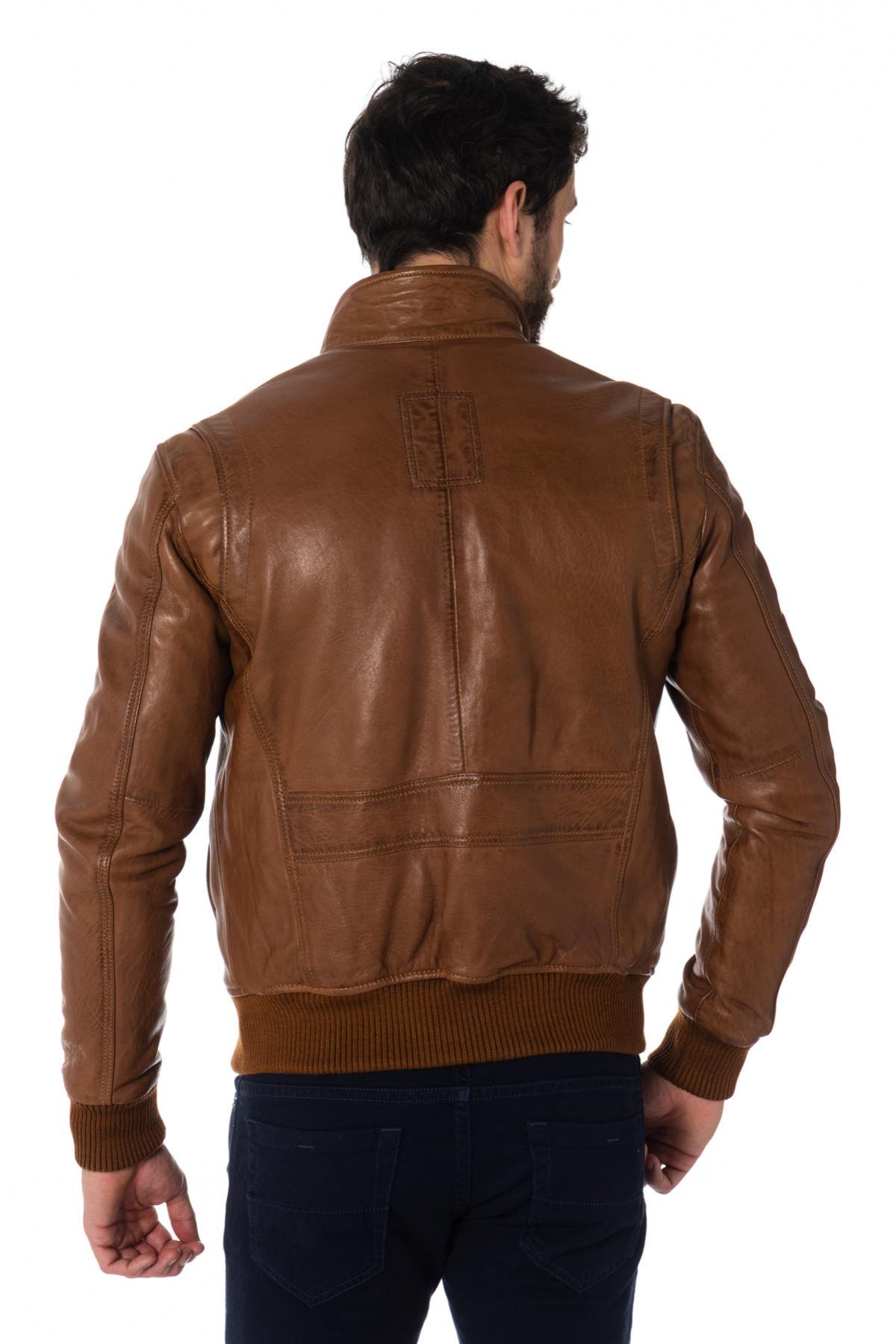 Cognac and black lambskin leather jacket - Image n°6