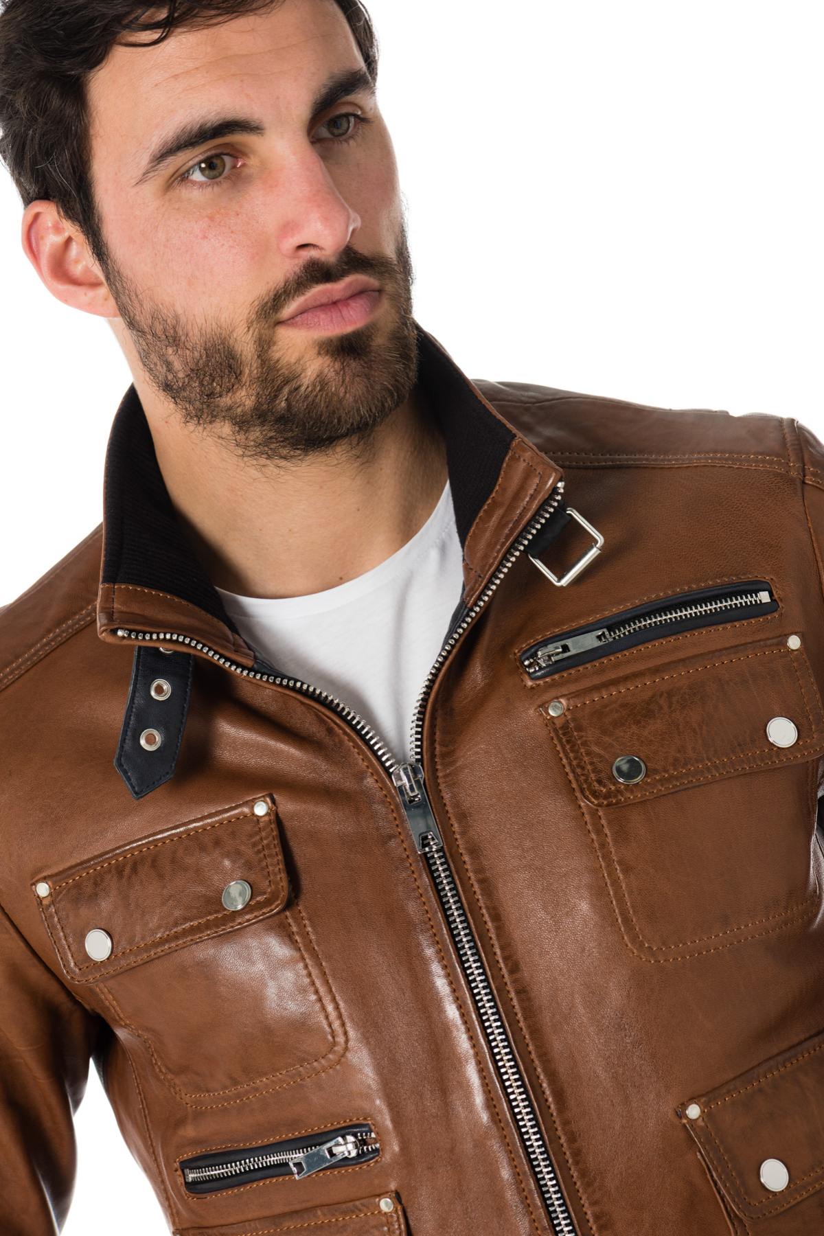 Cognac and black lambskin leather jacket - Image n°7