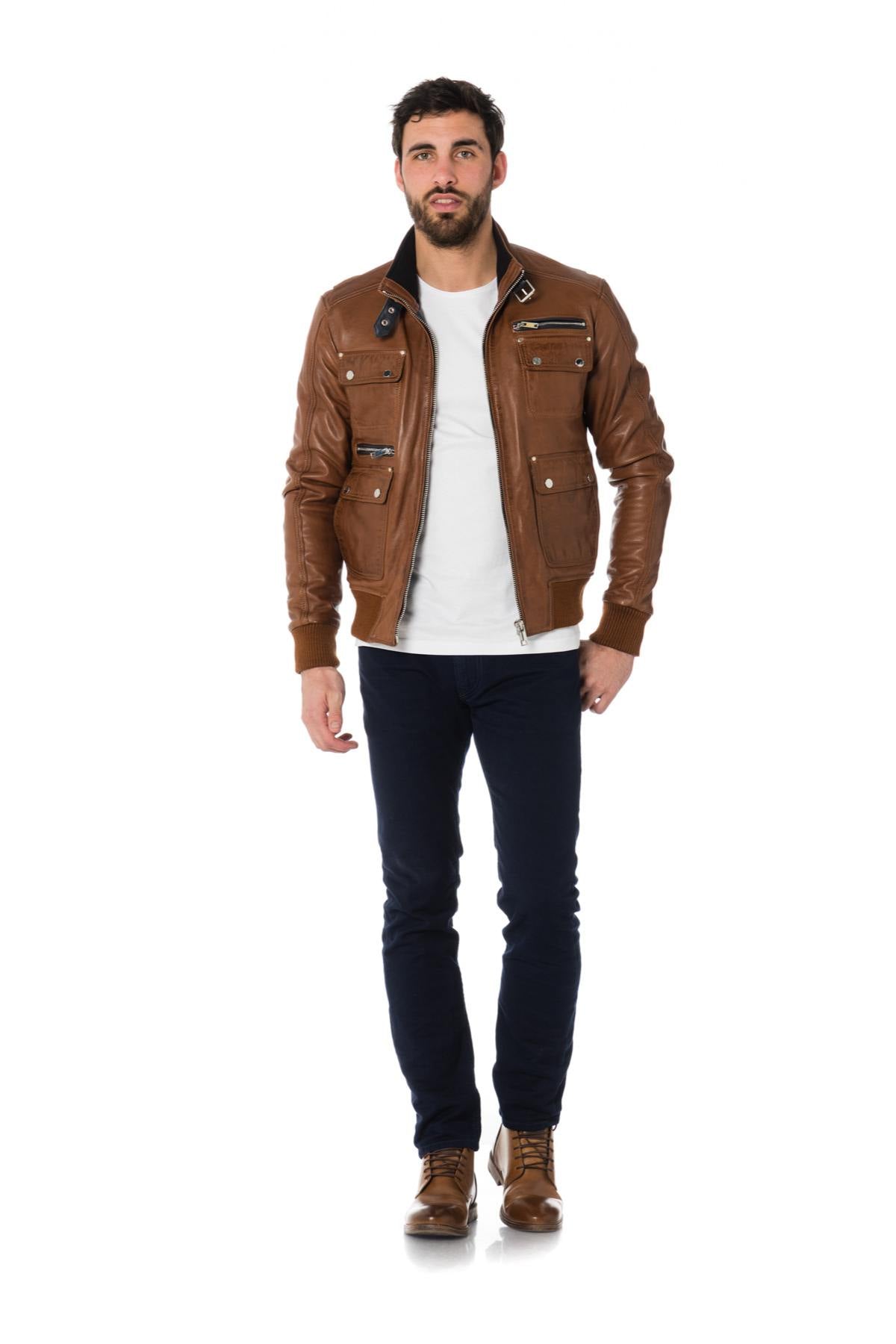 Cognac and black lambskin leather jacket - Image n°2