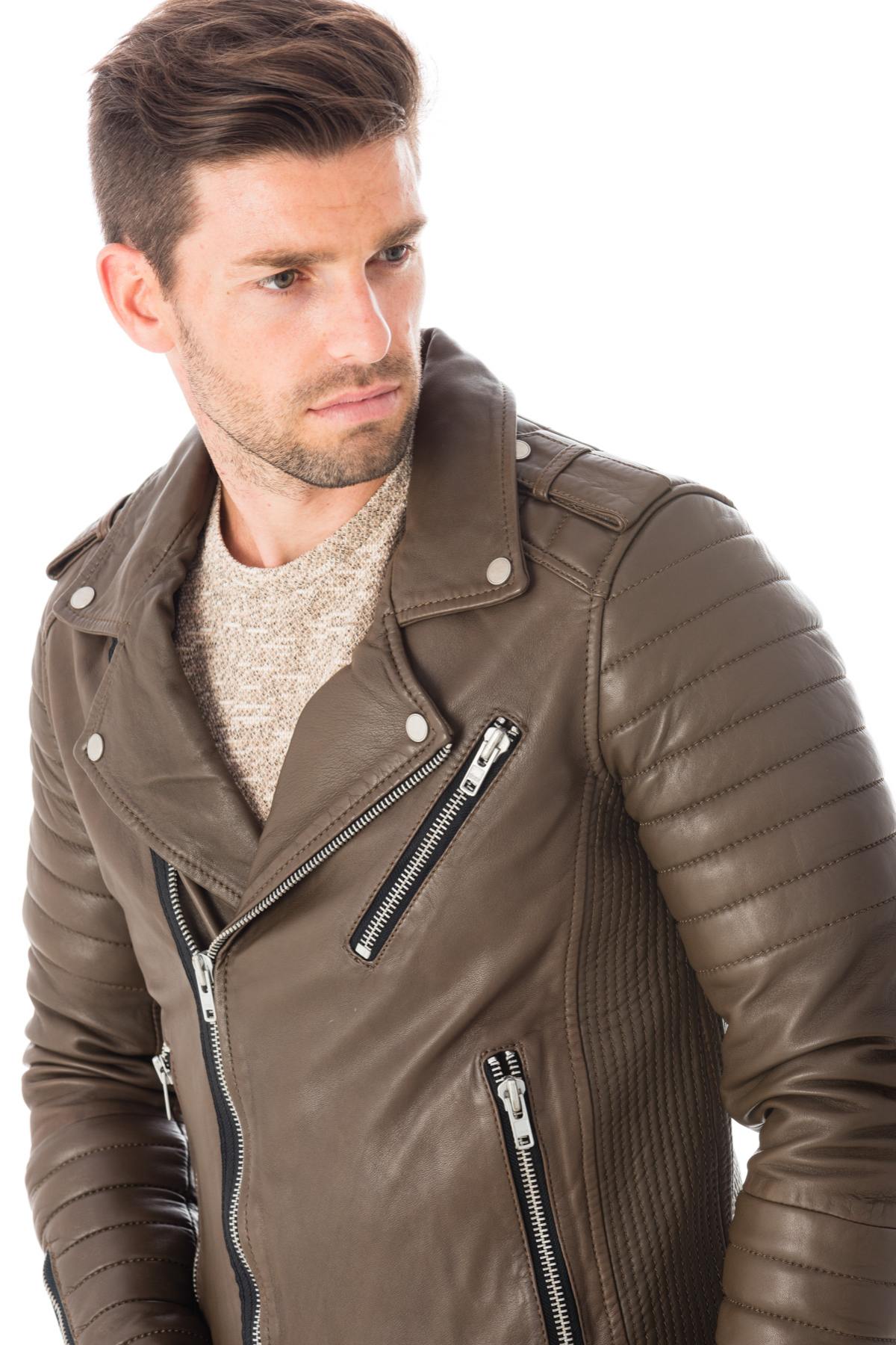 Men's khaki lambskin leather perfecto - Image n°6