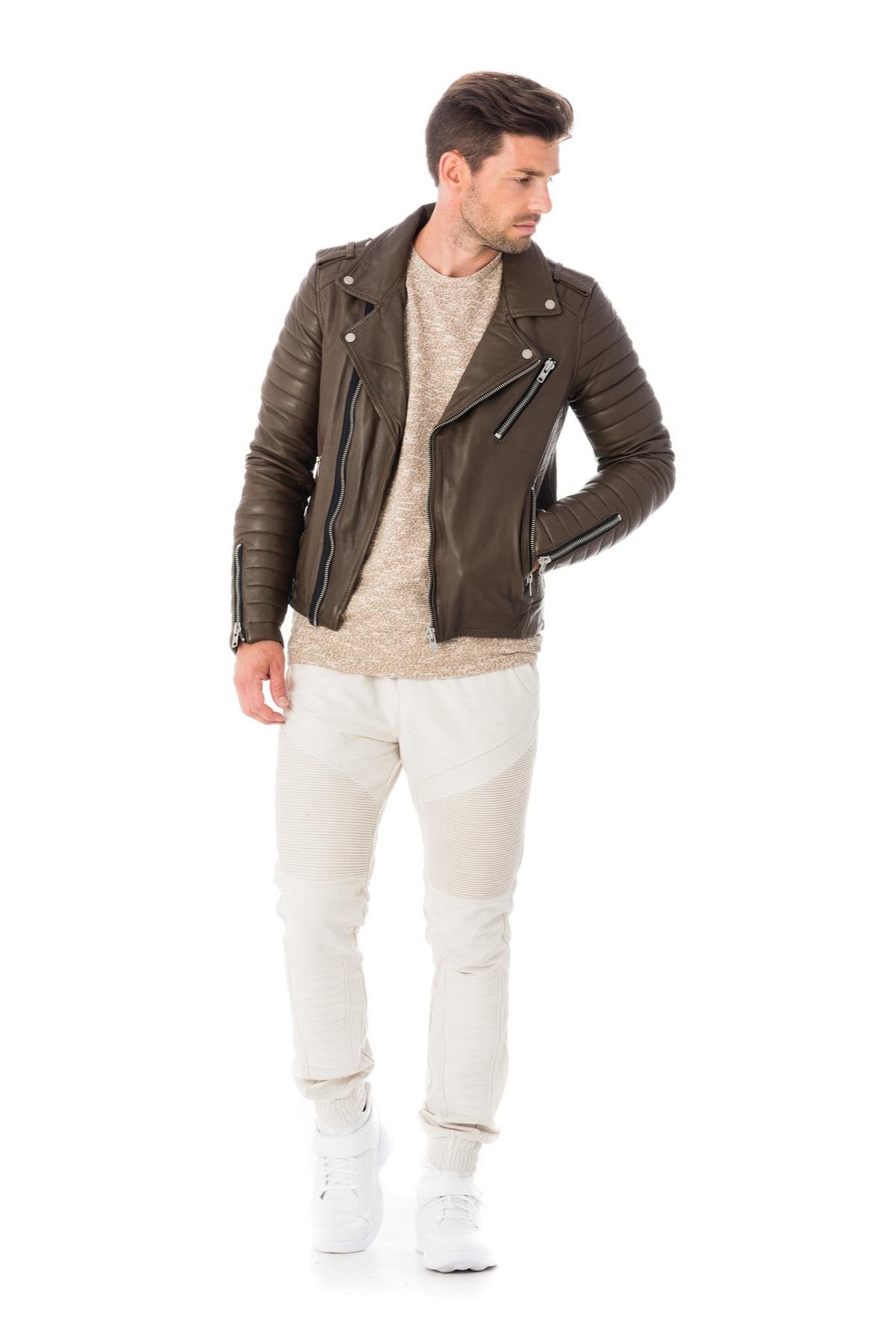 Men's khaki lambskin leather perfecto - Image n°2