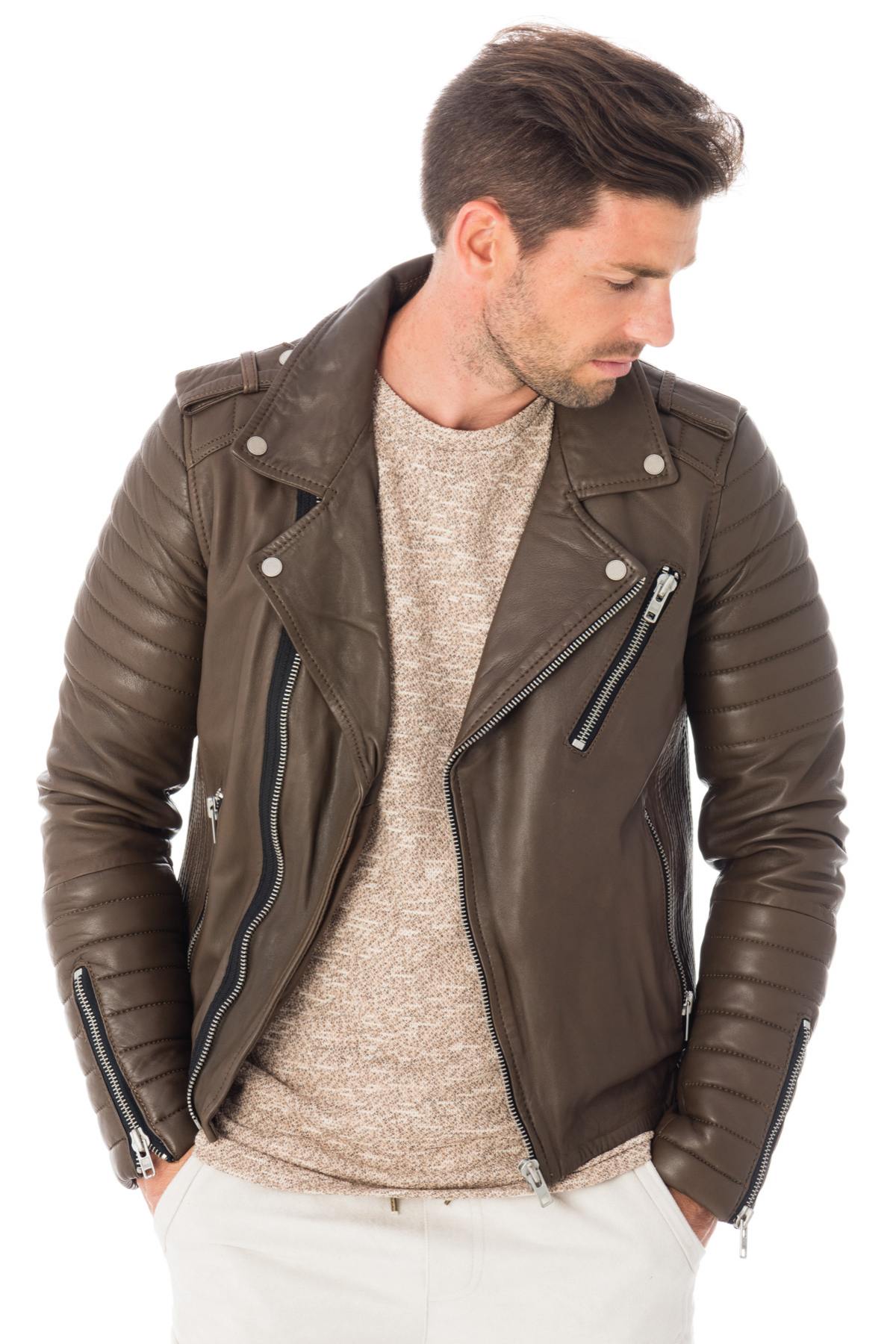 Men's khaki lambskin leather perfecto - Image n°1