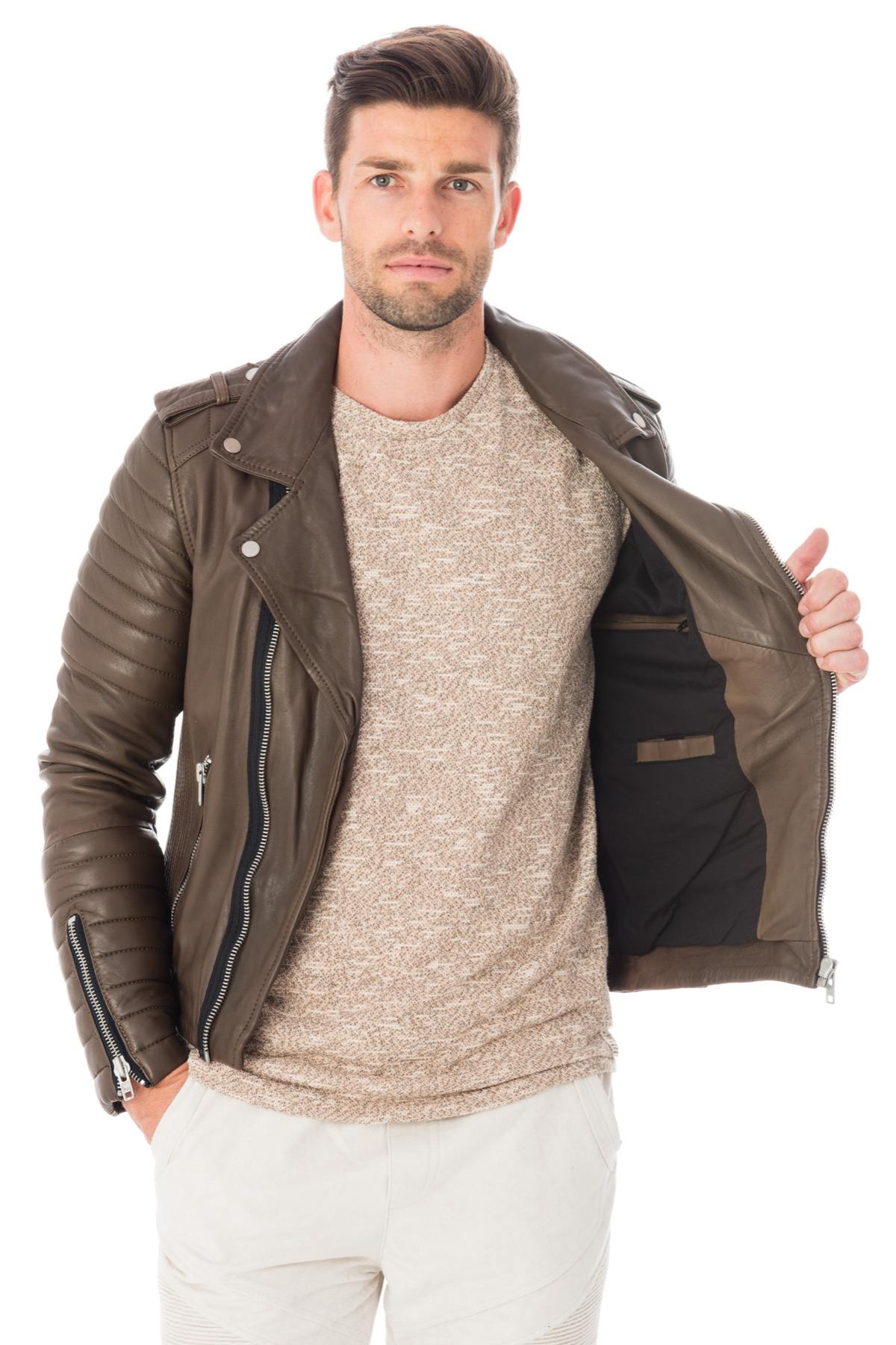 Men's khaki lambskin leather perfecto - Image n°4