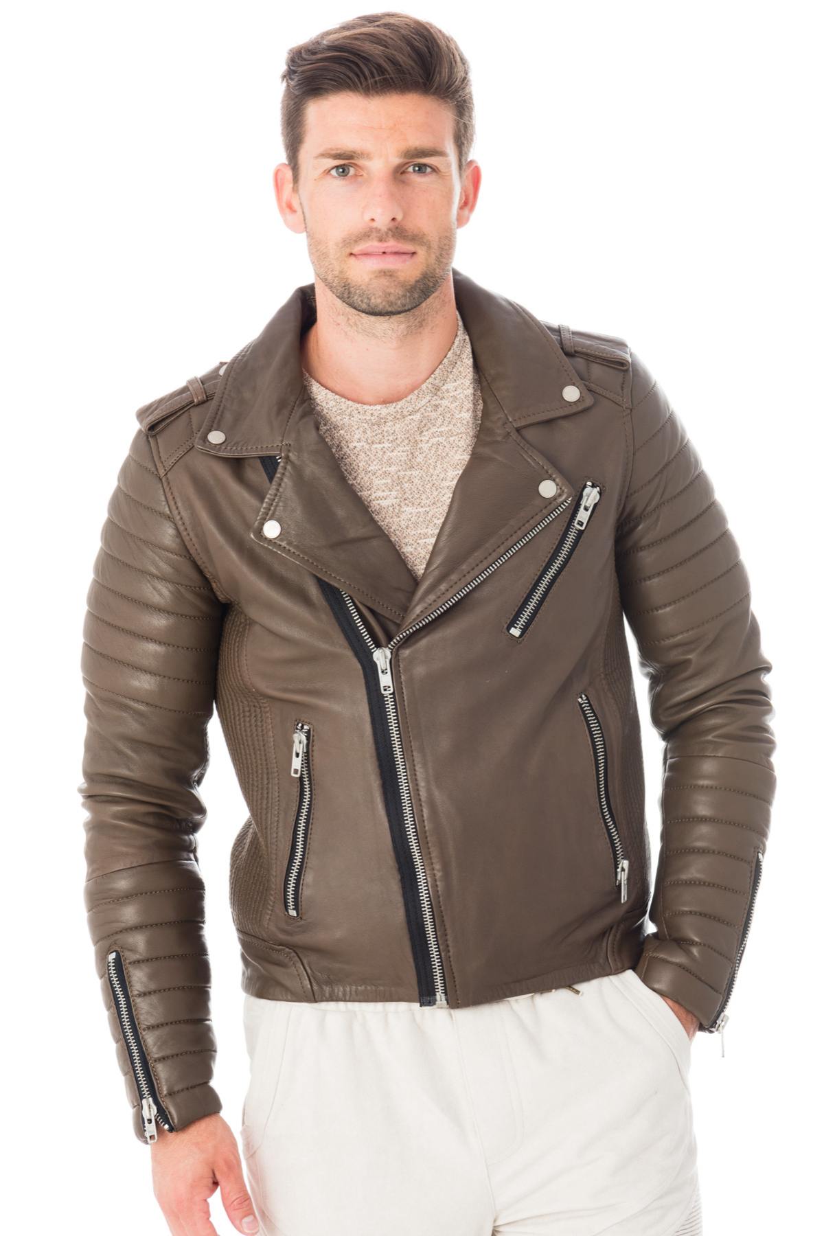 Men's khaki lambskin leather perfecto - Image n°3