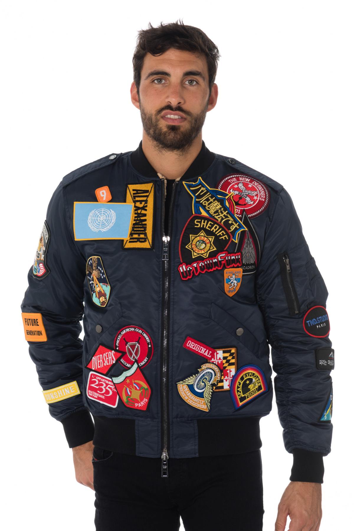 Navy blue bomber jacket with The New Designers patches - Image n°1