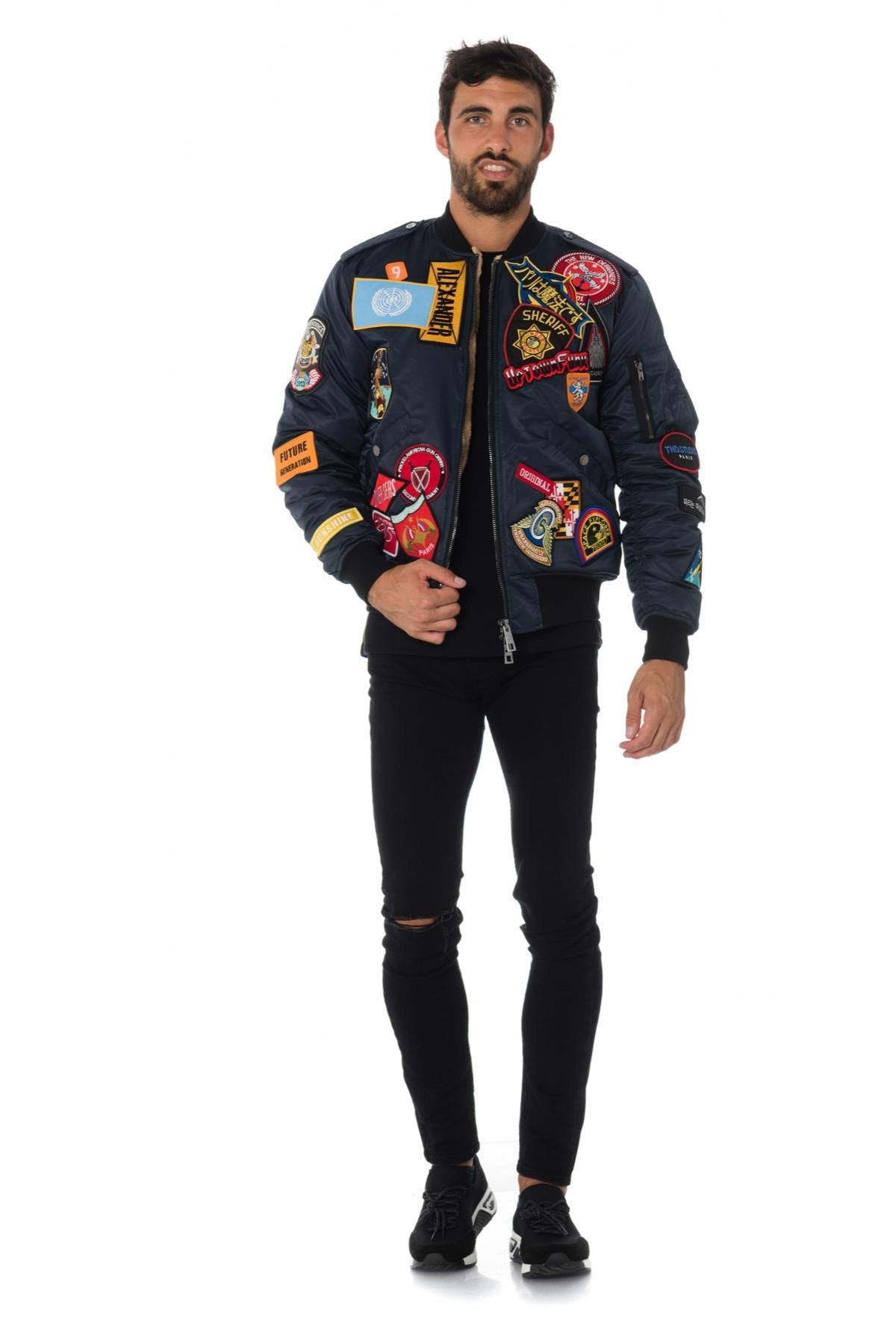 Navy blue bomber jacket with The New Designers patches - Image n°2