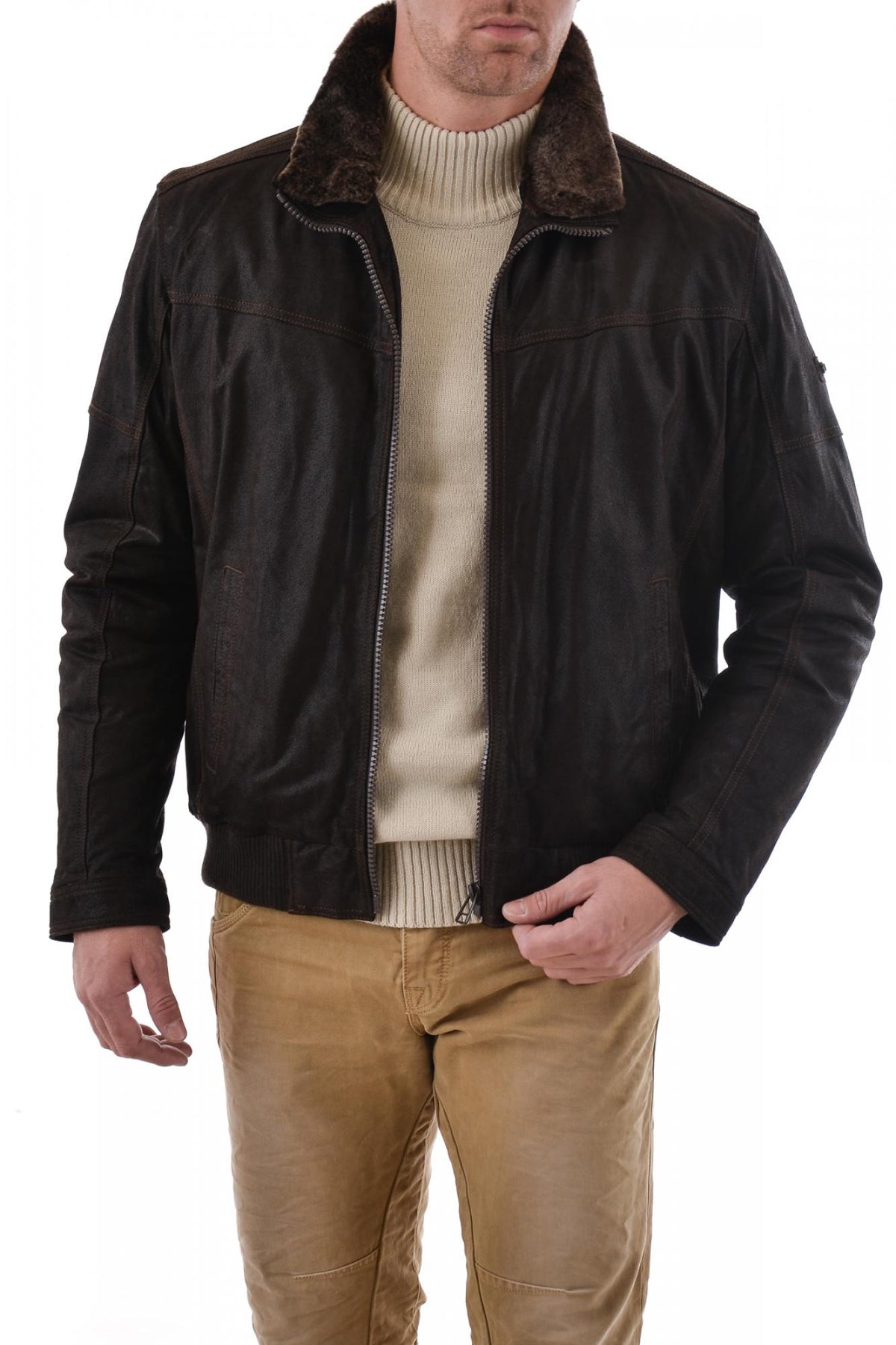 Trapper jacket in brown split leather - Image n°5