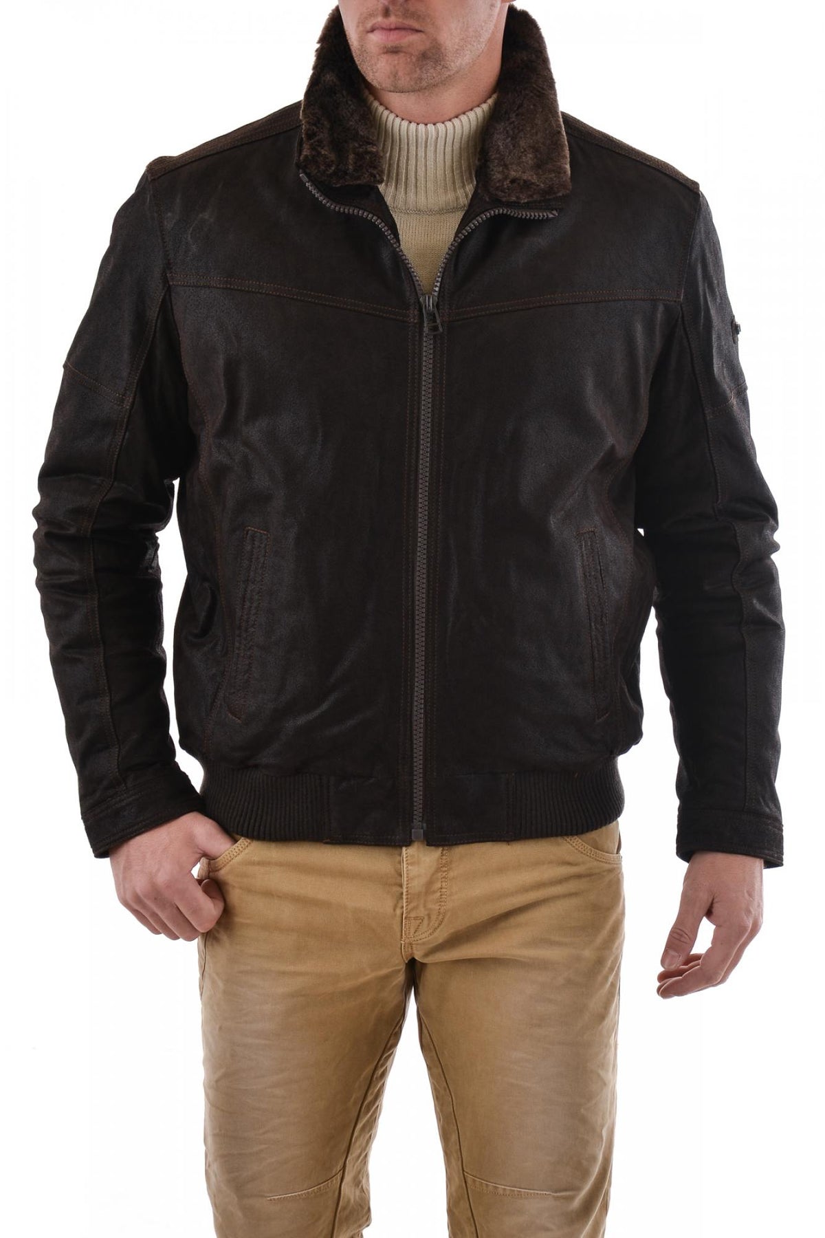 Trapper jacket in brown split leather - Image n°1