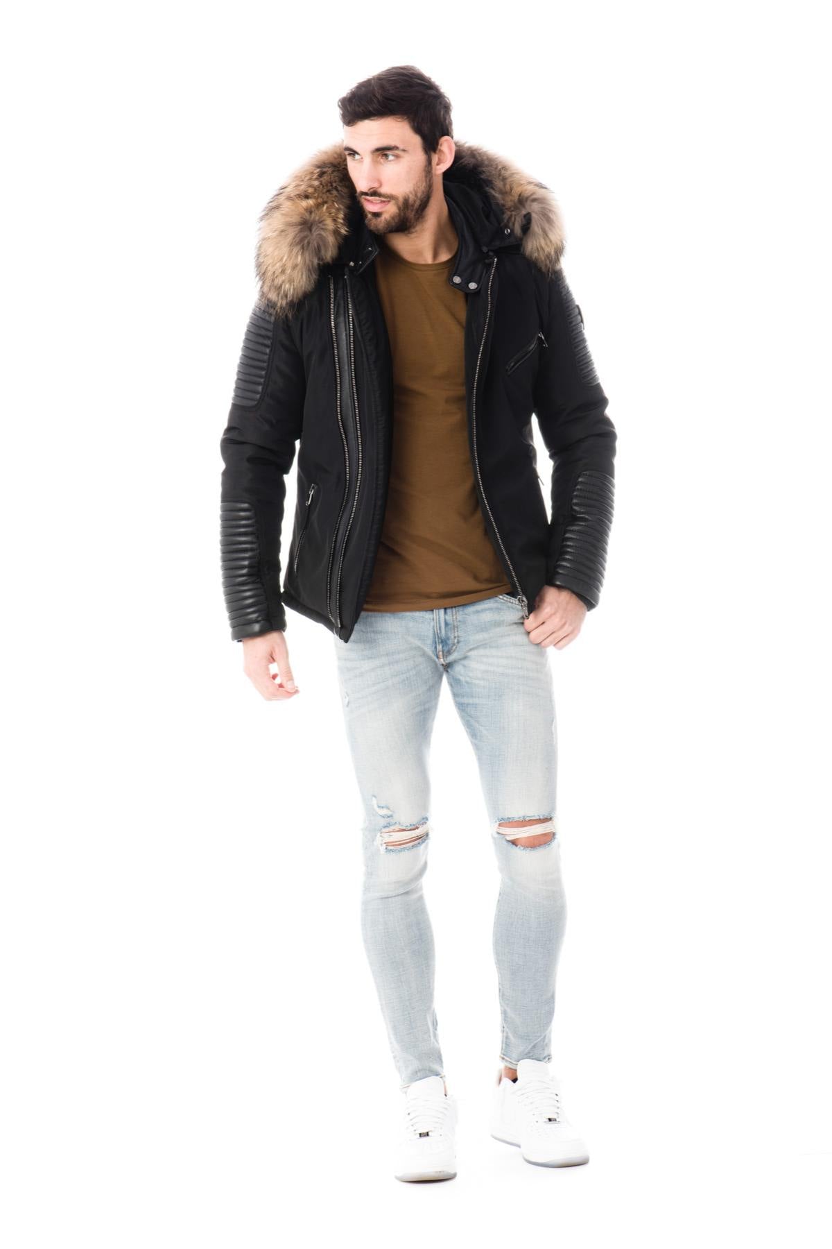 Men's Ventiuno Black down jacket with raccoon fur - Image n°2