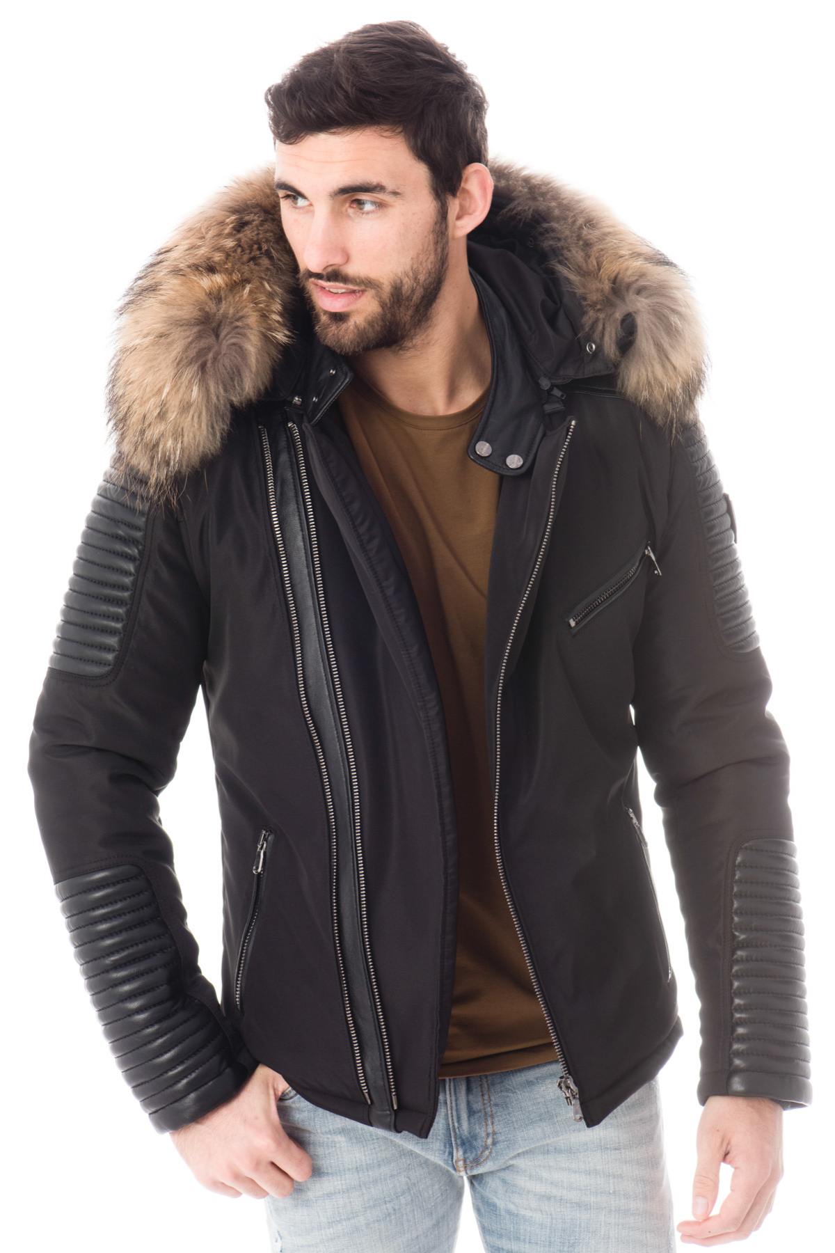 Men's Ventiuno Black down jacket with raccoon fur - Image n°1