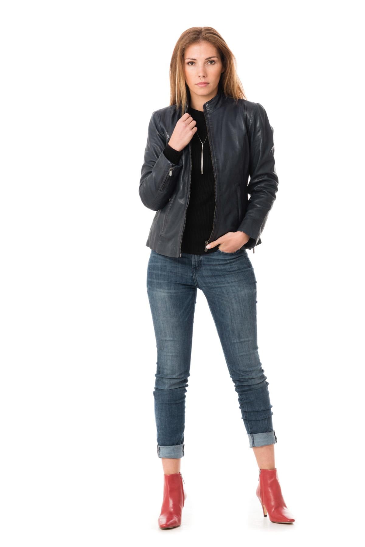 Women's navy blue lambskin jacket - Image n°2