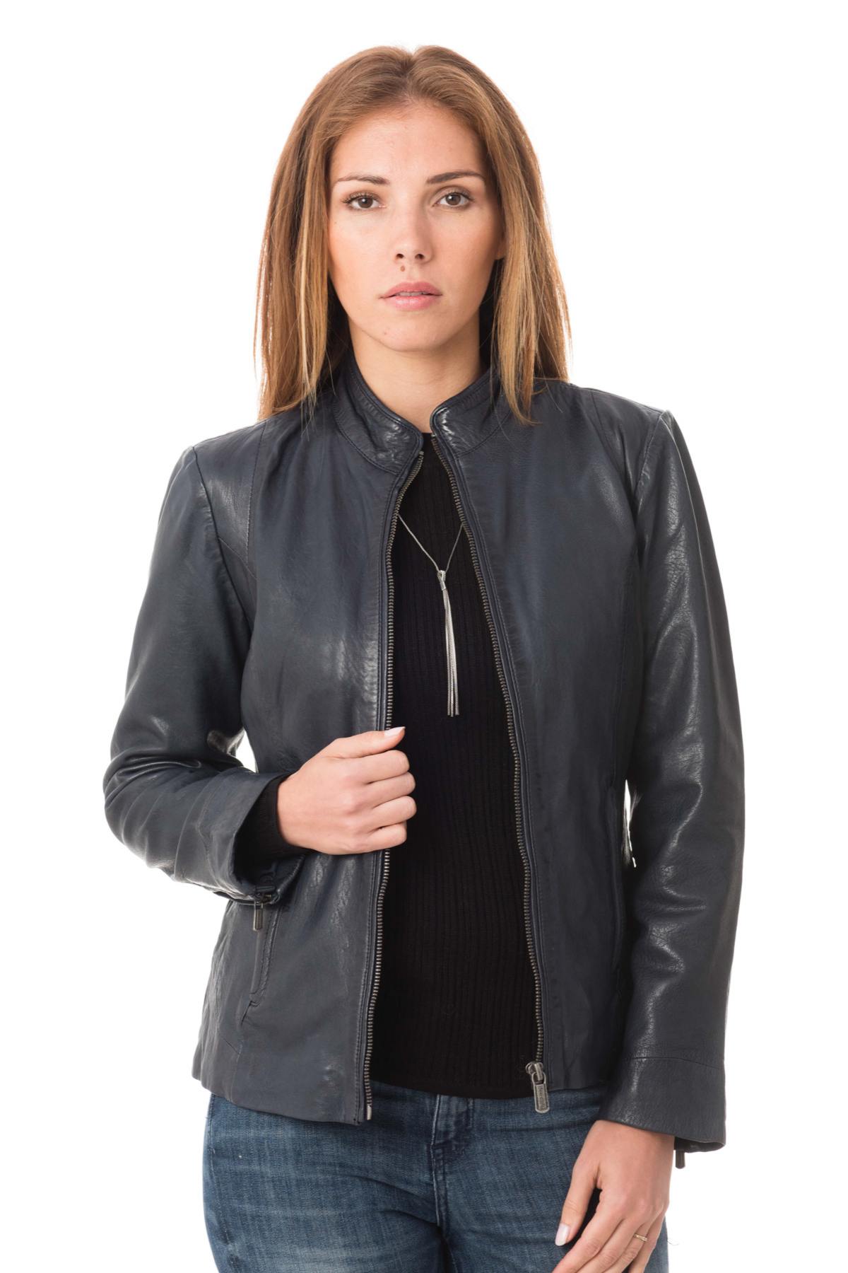 Women's navy blue lambskin jacket - Image n°3