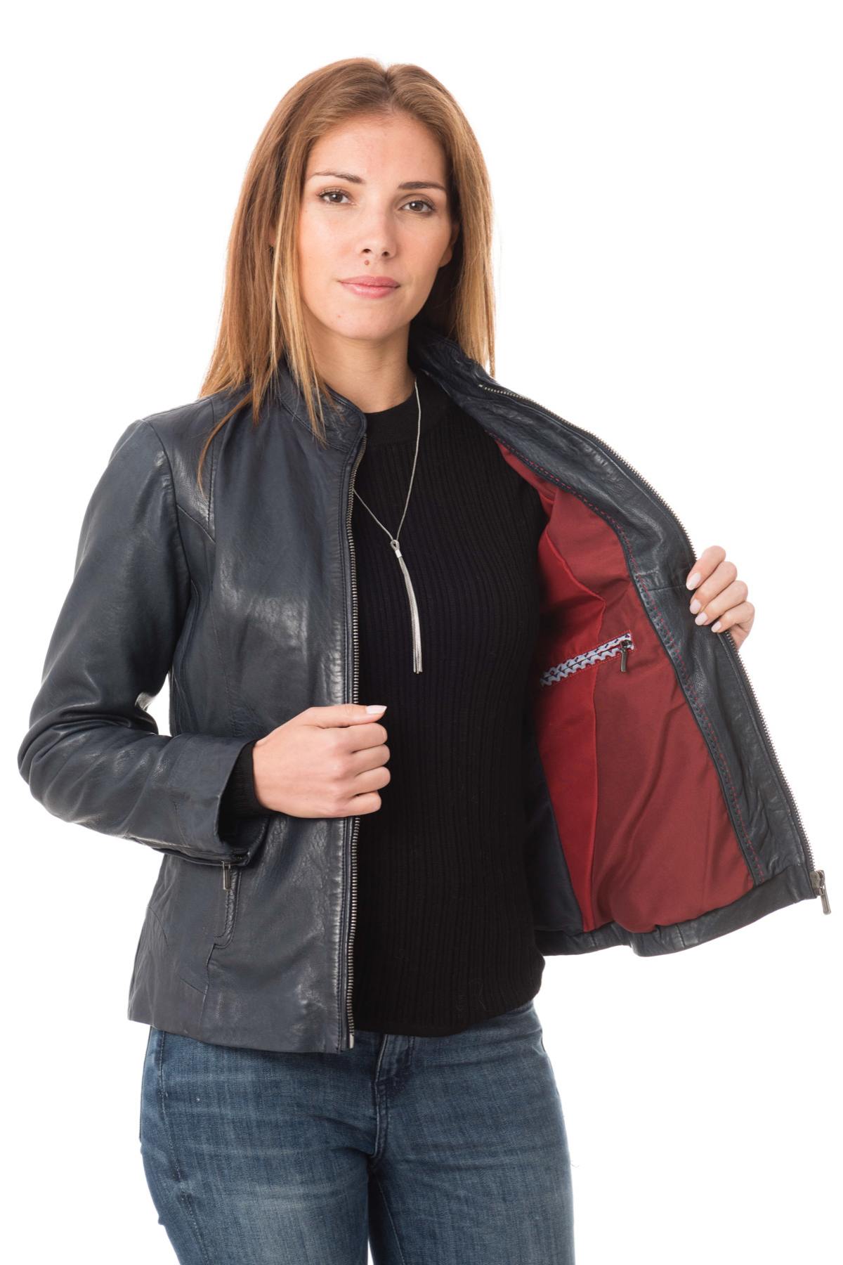 Women's navy blue lambskin jacket - Image n°4