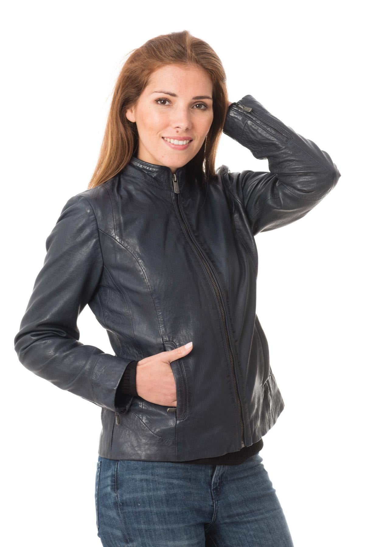 Women's navy blue lambskin jacket - Image n°5