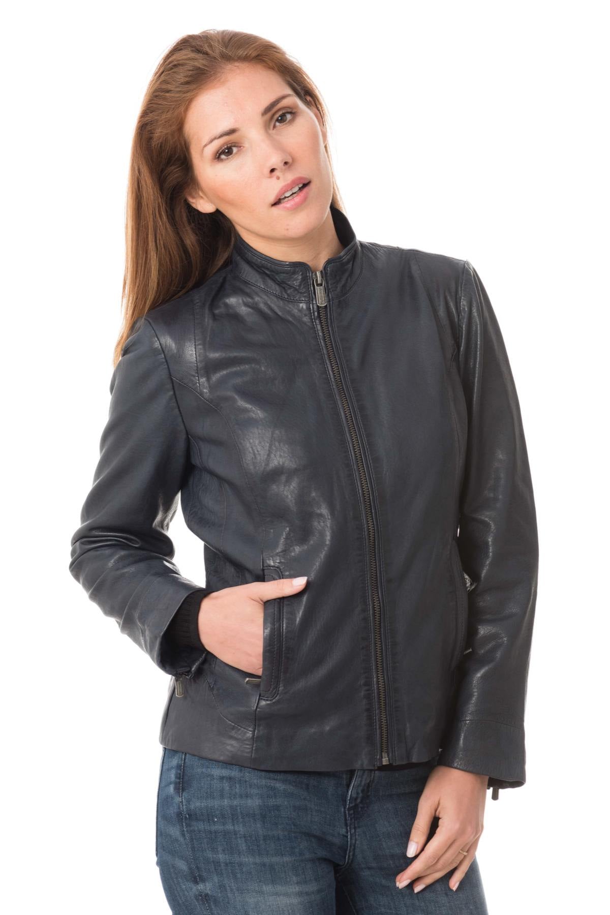 Women's navy blue lambskin jacket - Image n°1